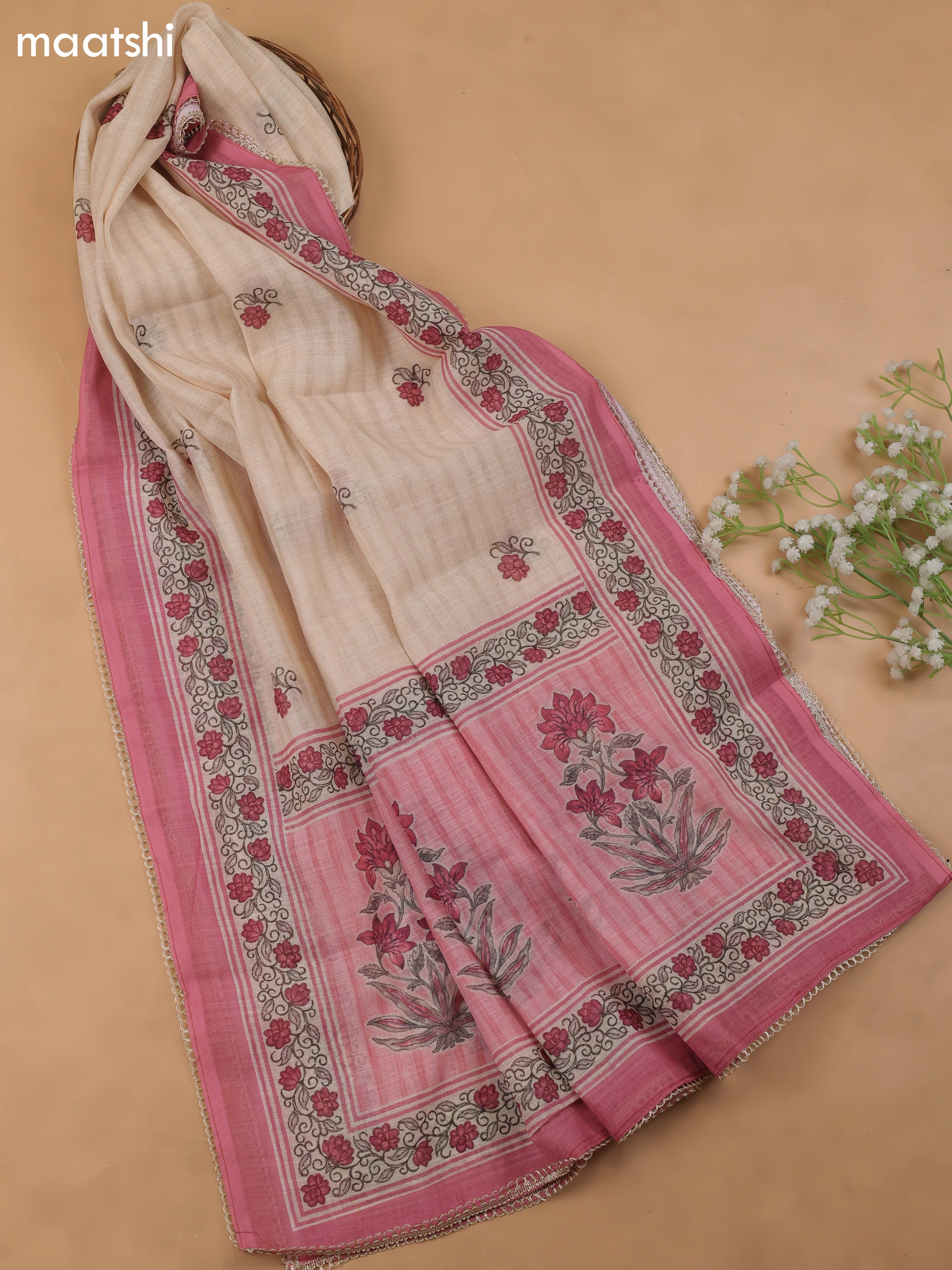 Pink Linen Cotton Dress Material With Pitta Work Neck Pattern and Bottom & Dupatta