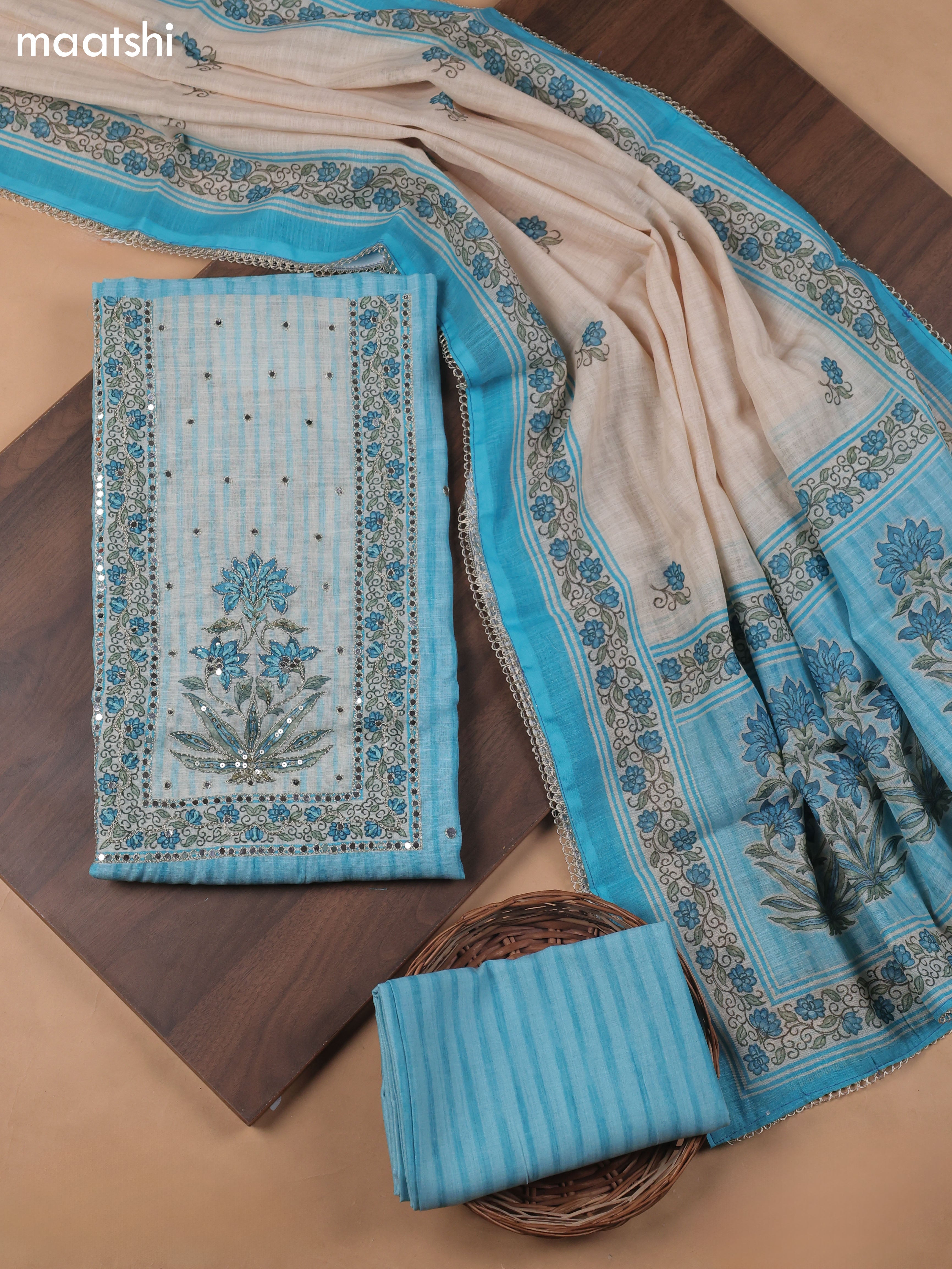 Blue Linen Cotton Dress Material With Pitta Work Neck Pattern and Bottom & Dupatta
