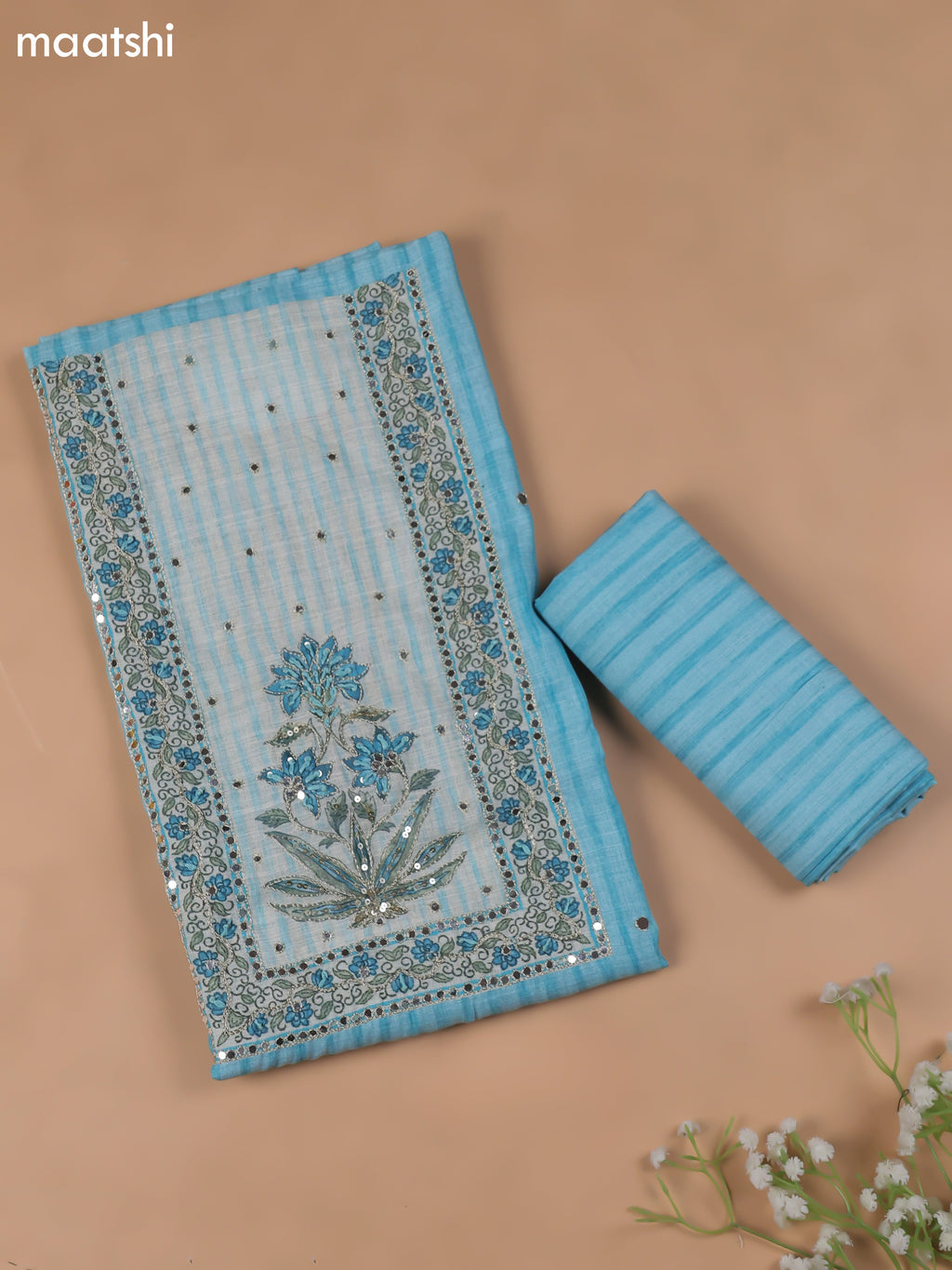Blue Linen Cotton Dress Material With Pitta Work Neck Pattern and Bottom & Dupatta