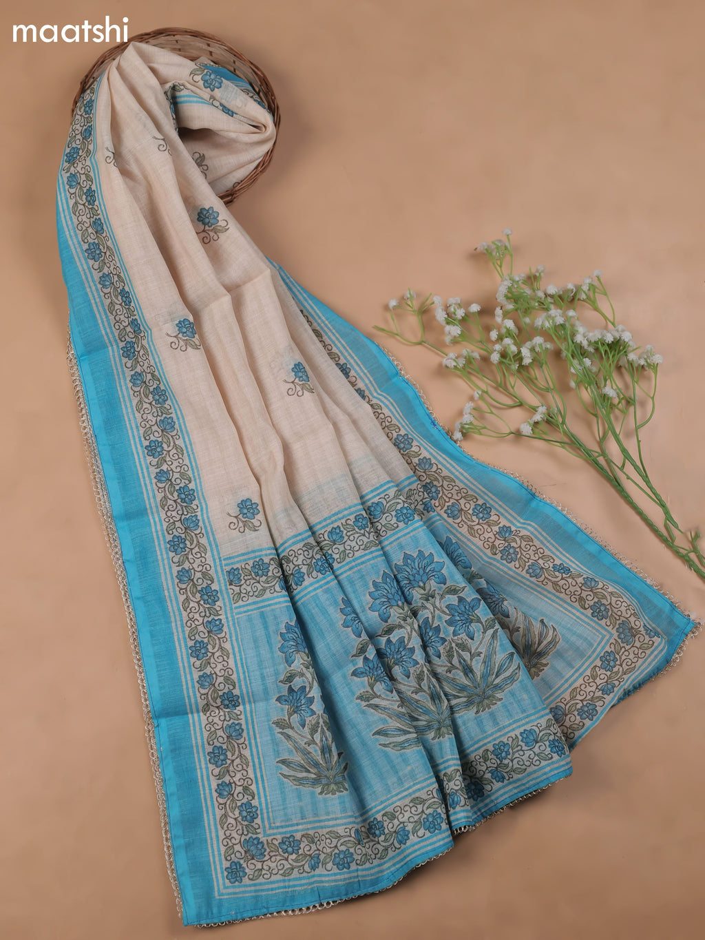 Blue Linen Cotton Dress Material With Pitta Work Neck Pattern and Bottom & Dupatta
