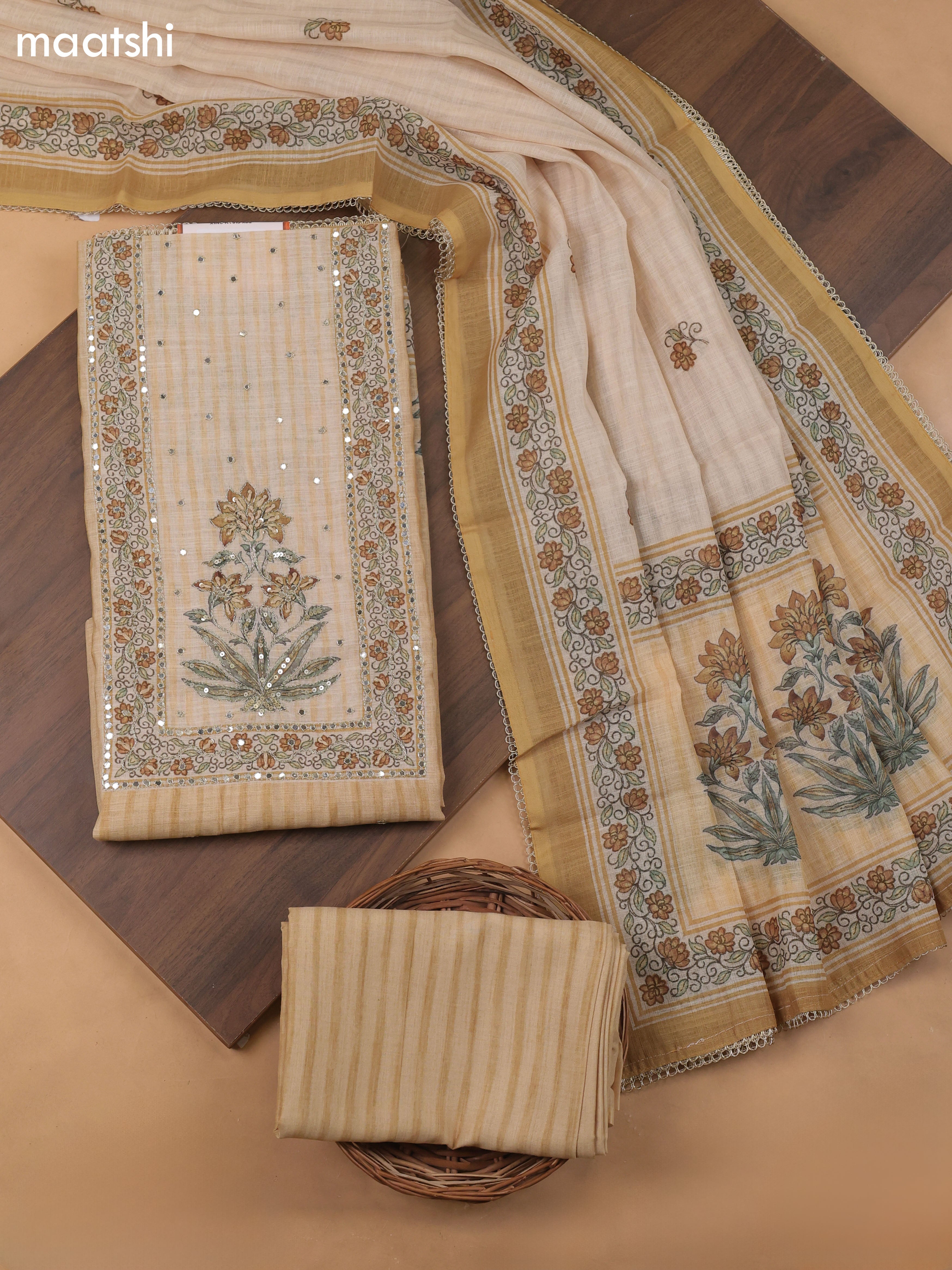 Mustard Green Linen Cotton Dress Material With Pitta Work Neck Pattern and Bottom & Dupatta