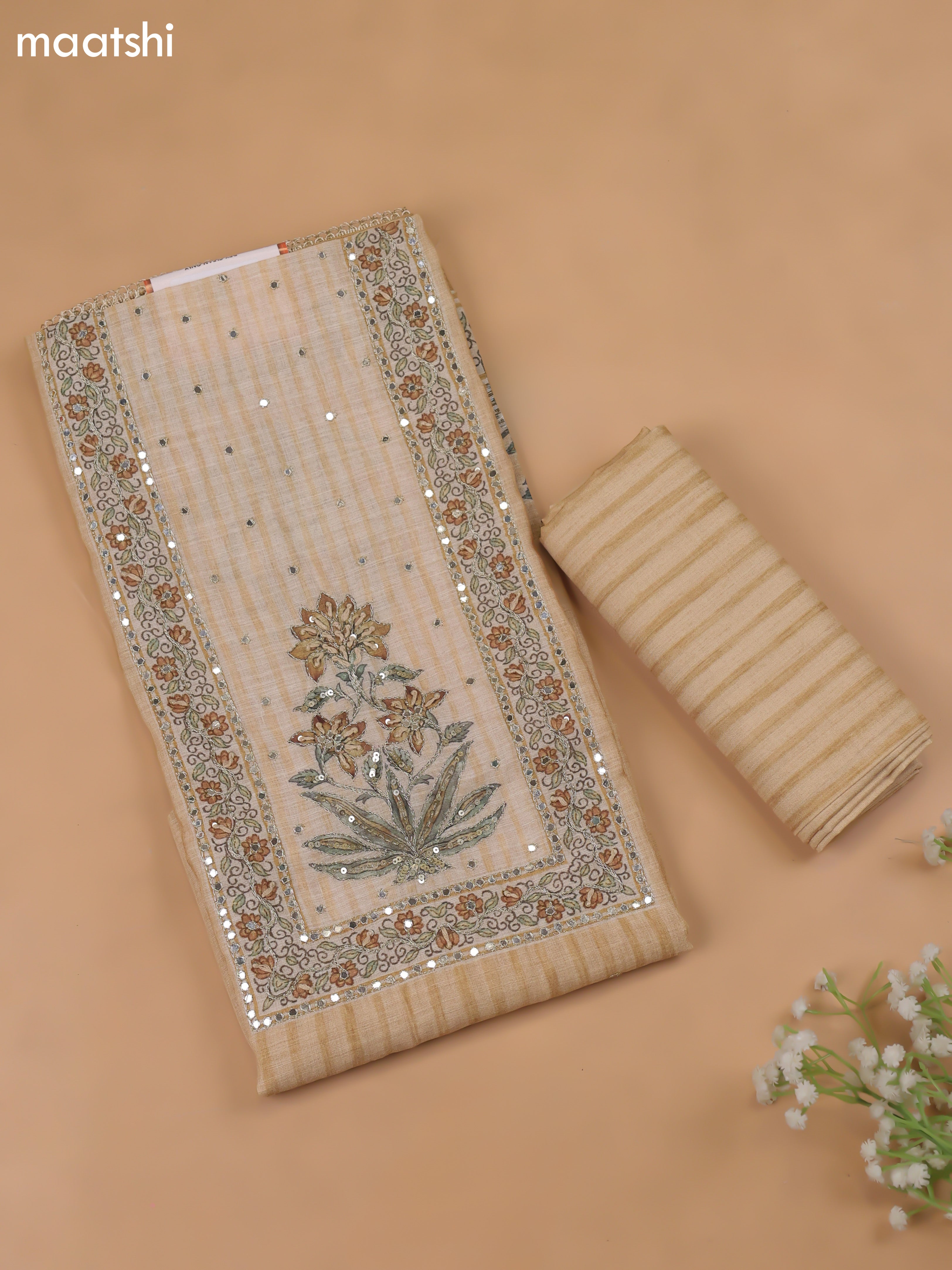 Mustard Green Linen Cotton Dress Material With Pitta Work Neck Pattern and Bottom & Dupatta