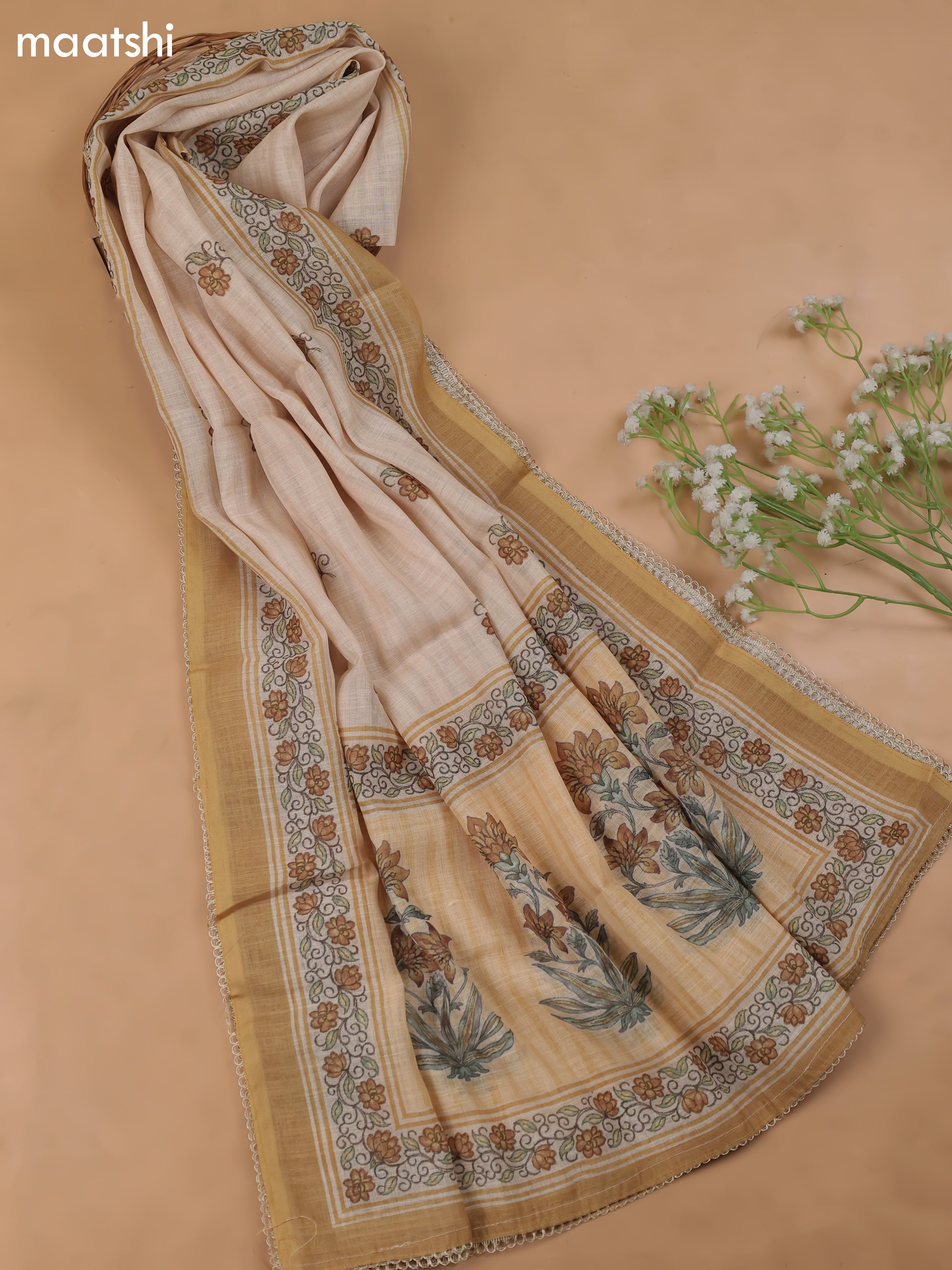 Mustard Green Linen Cotton Dress Material With Pitta Work Neck Pattern and Bottom & Dupatta