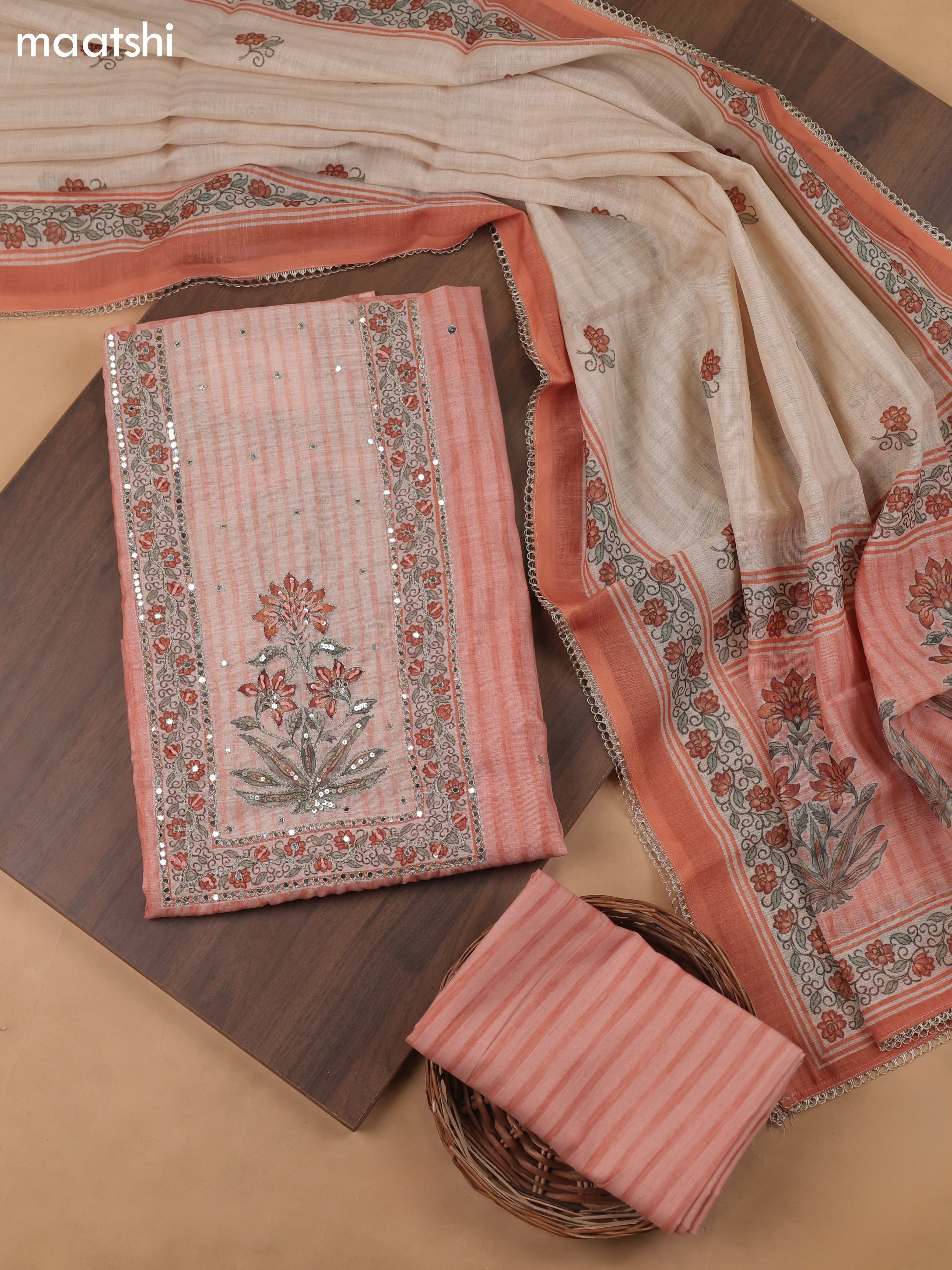 Peach Linen Cotton Dress Material With Pitta Work Neck Pattern and Bottom & Dupatta