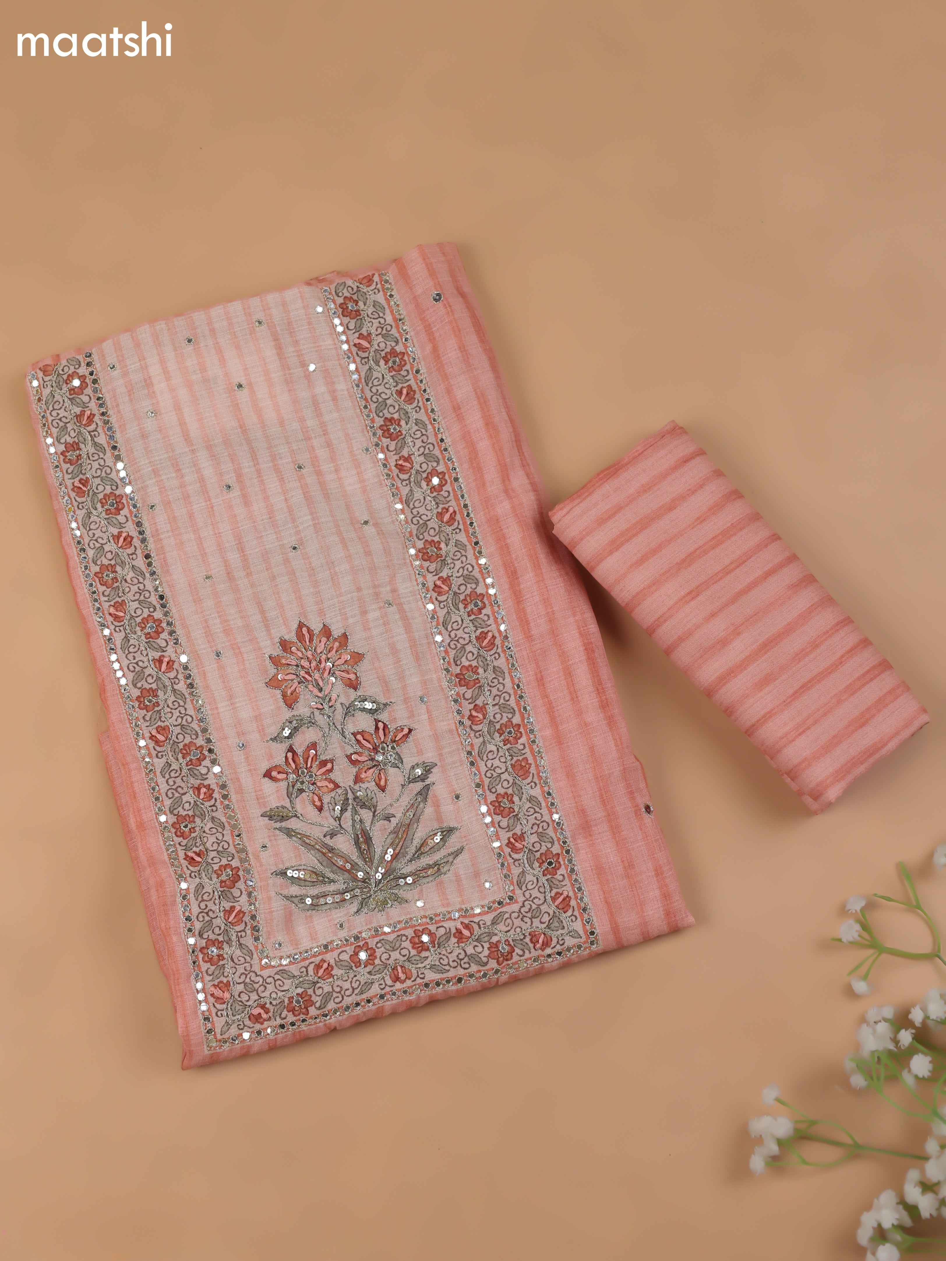 Peach Linen Cotton Dress Material With Pitta Work Neck Pattern and Bottom & Dupatta