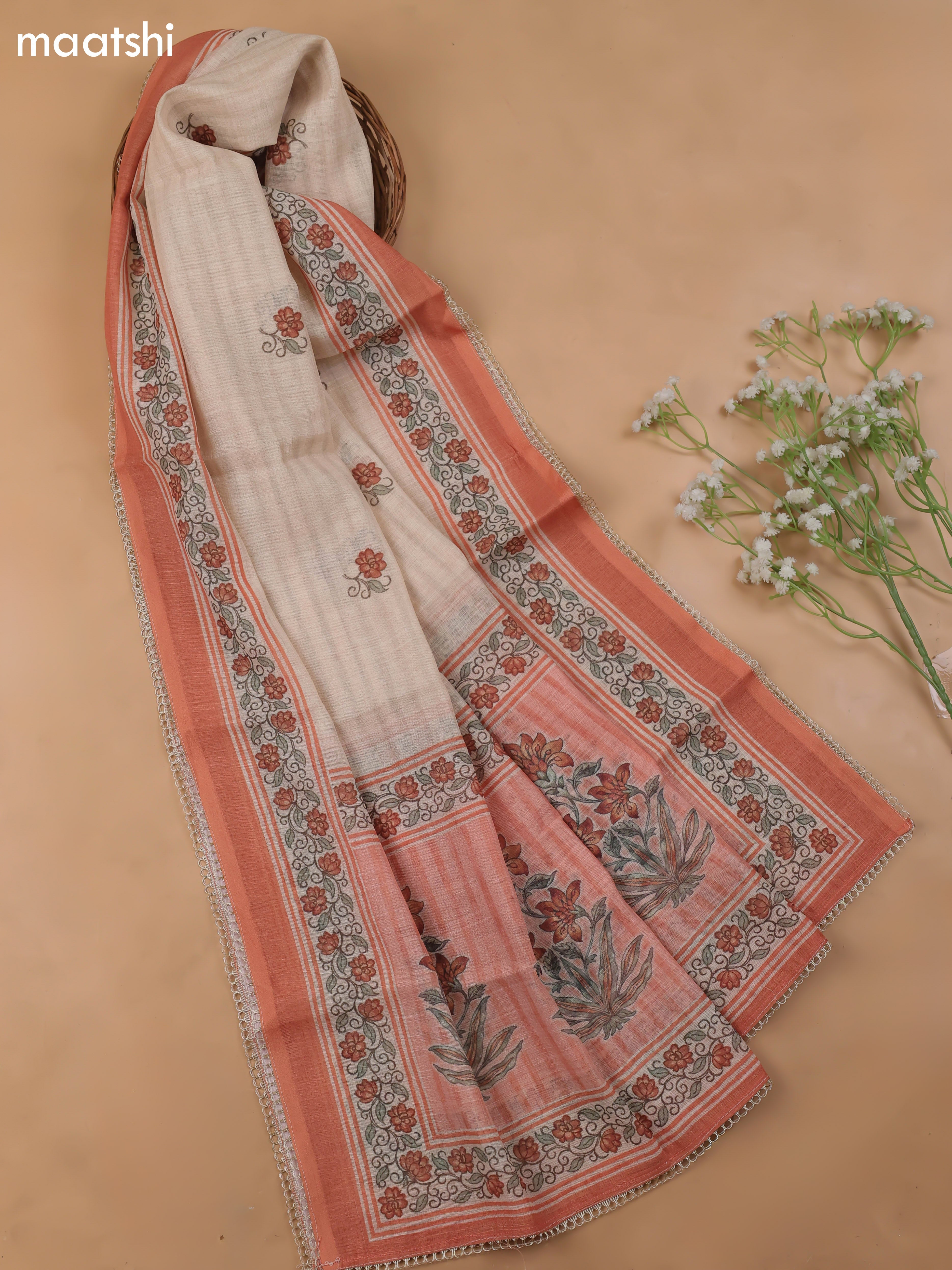 Peach Linen Cotton Dress Material With Pitta Work Neck Pattern and Bottom & Dupatta