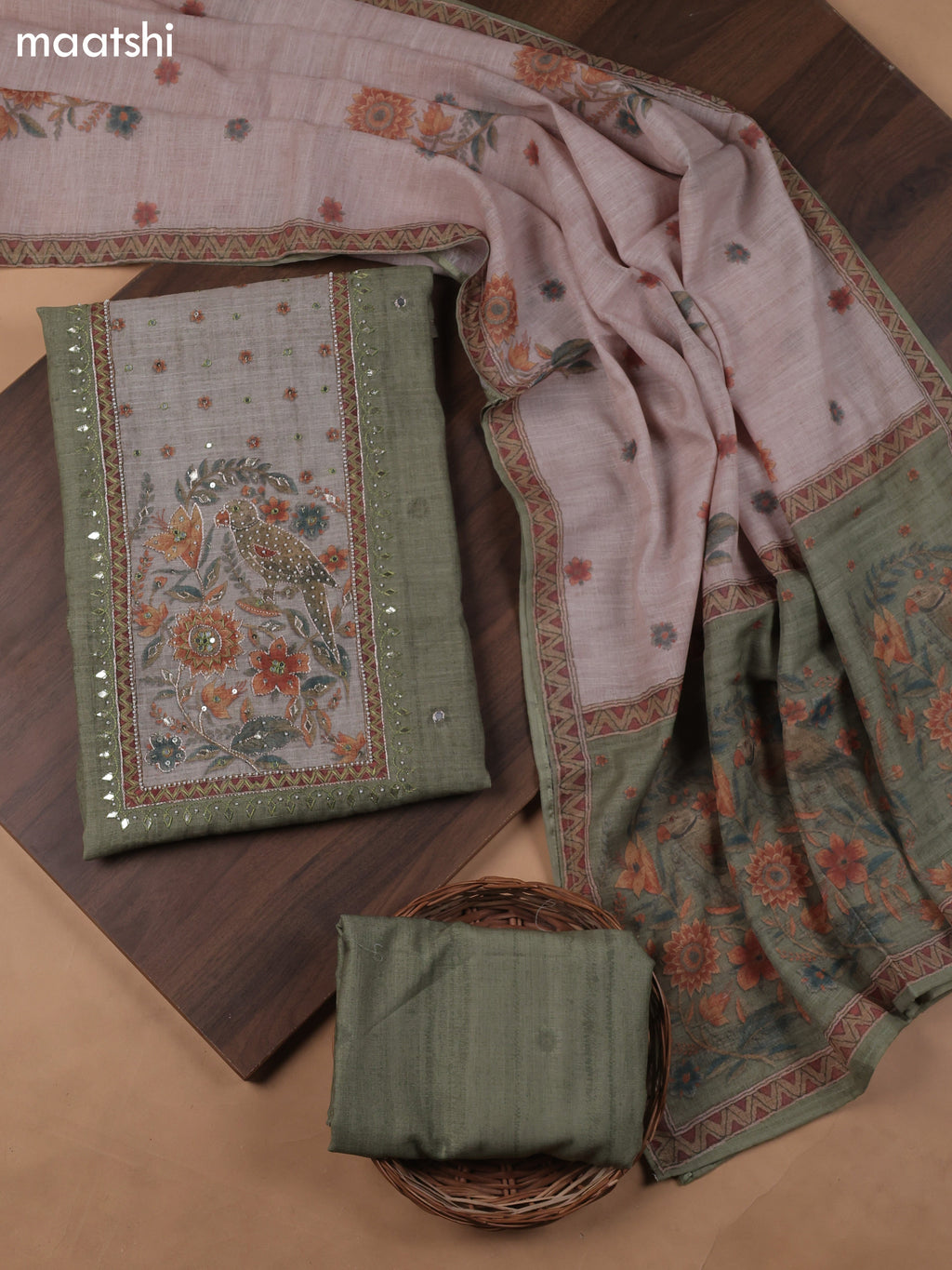 Pastel Green Linen Cotton Dress Material With Pitta Work Neck Pattern and Bottom & Dupatta