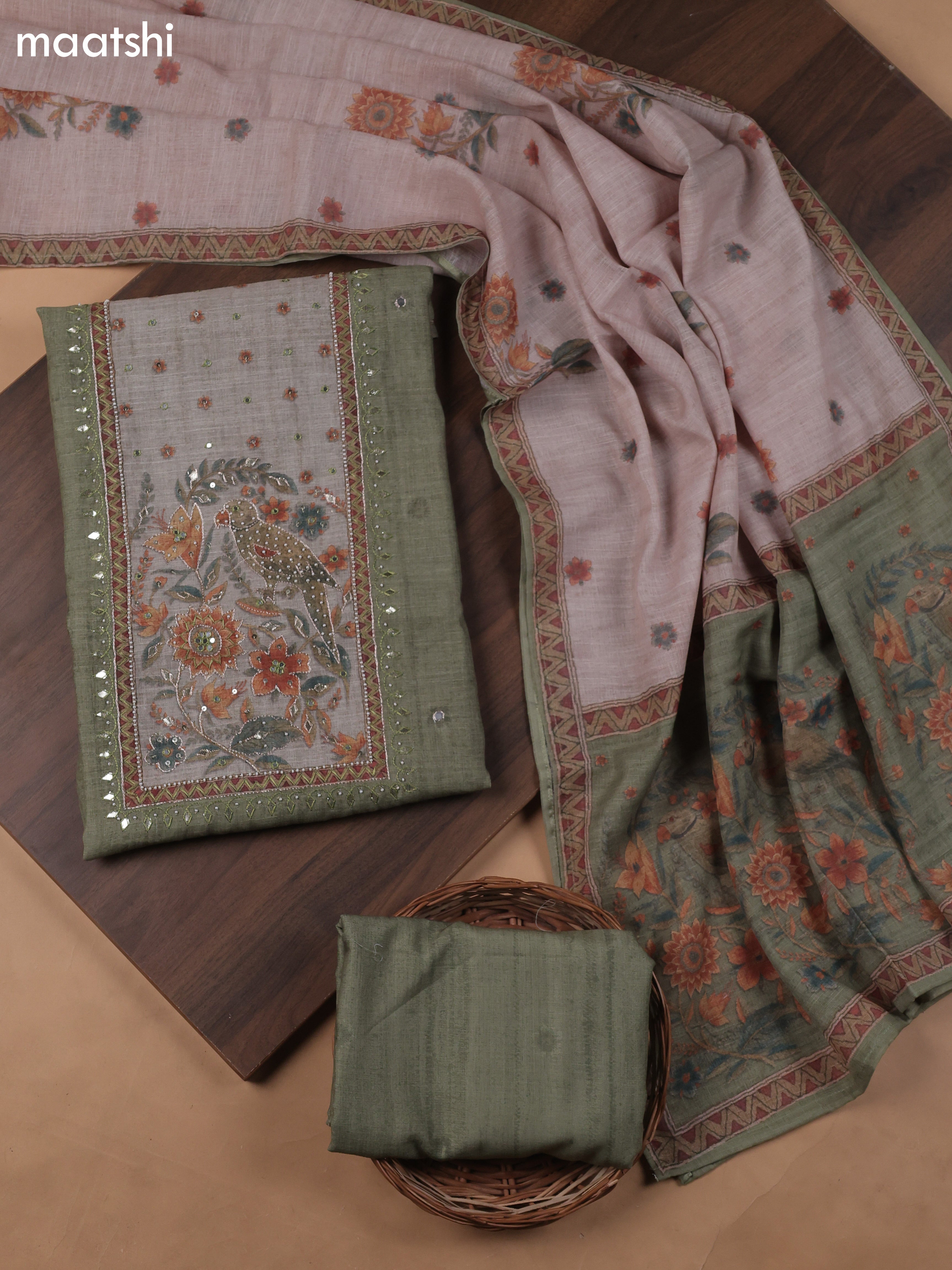 Pastel Green Linen Cotton Dress Material With Pitta Work Neck Pattern and Bottom & Dupatta