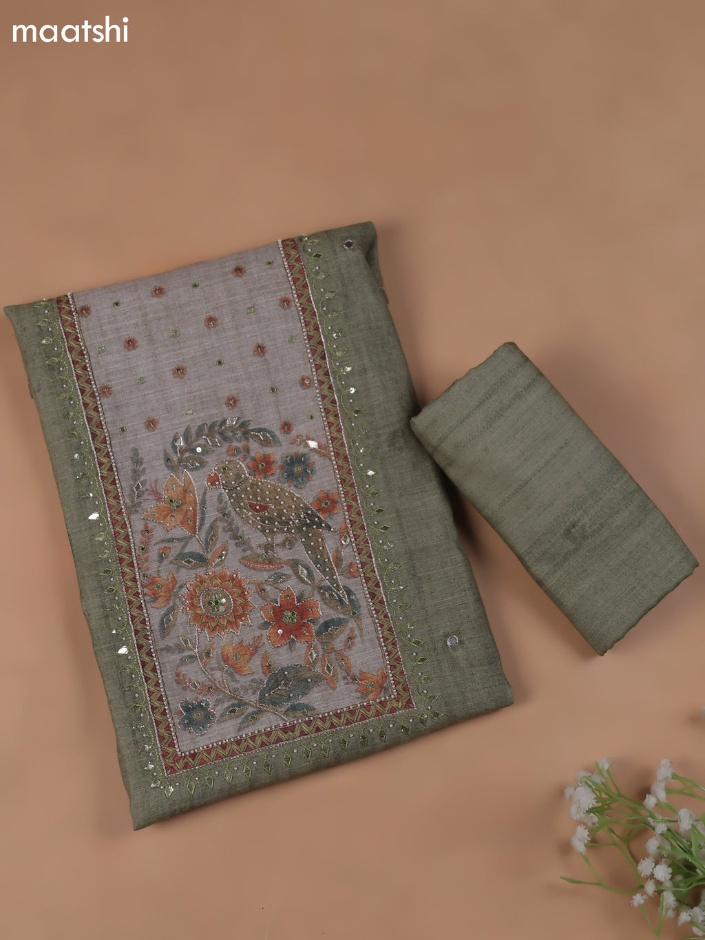 Pastel Green Linen Cotton Dress Material With Pitta Work Neck Pattern and Bottom & Dupatta