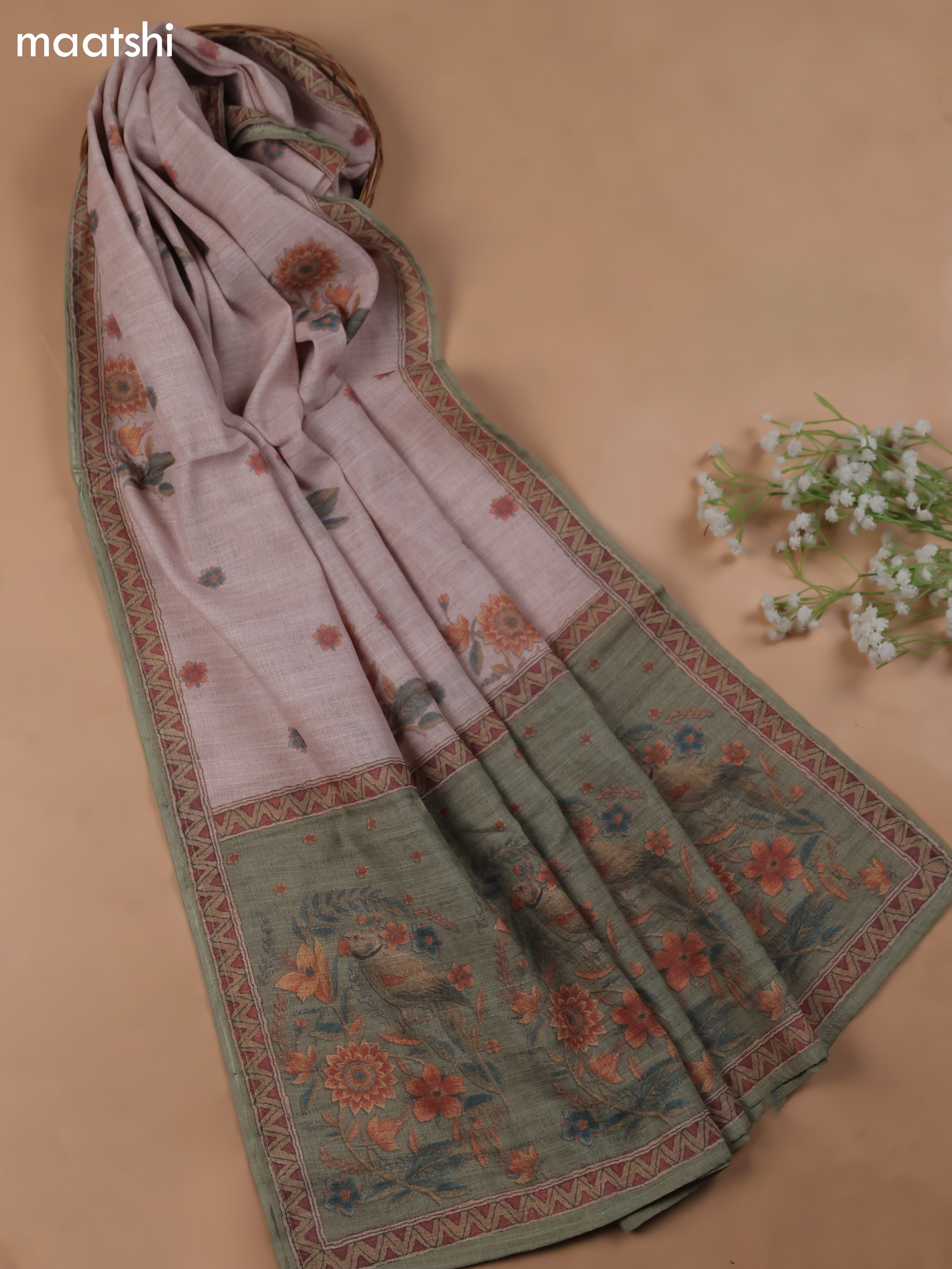 Pastel Green Linen Cotton Dress Material With Pitta Work Neck Pattern and Bottom & Dupatta