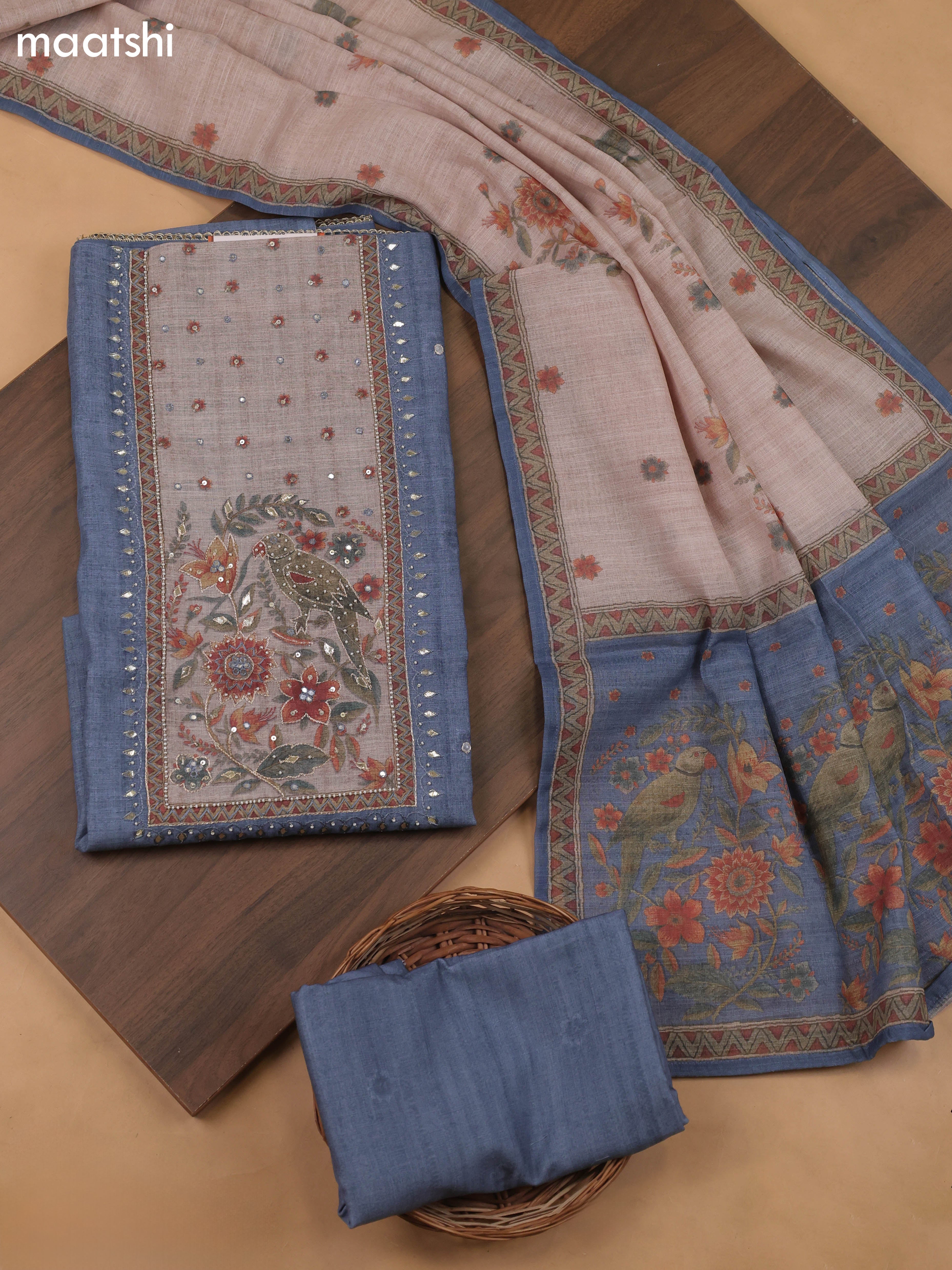 Grayish Blue Linen Cotton Dress Material With Pitta Work Neck Pattern and Bottom & Dupatta