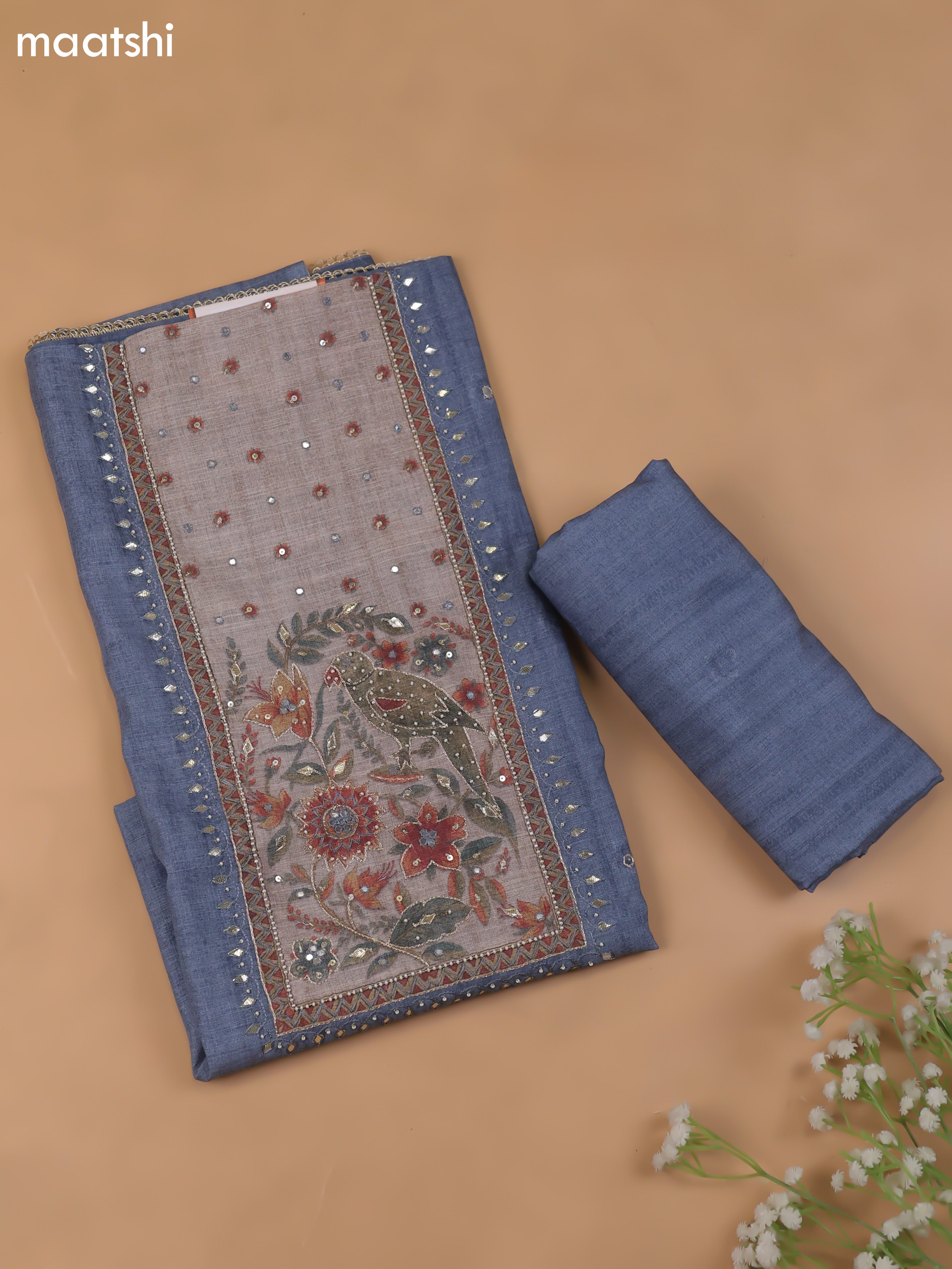 Grayish Blue Linen Cotton Dress Material With Pitta Work Neck Pattern and Bottom & Dupatta