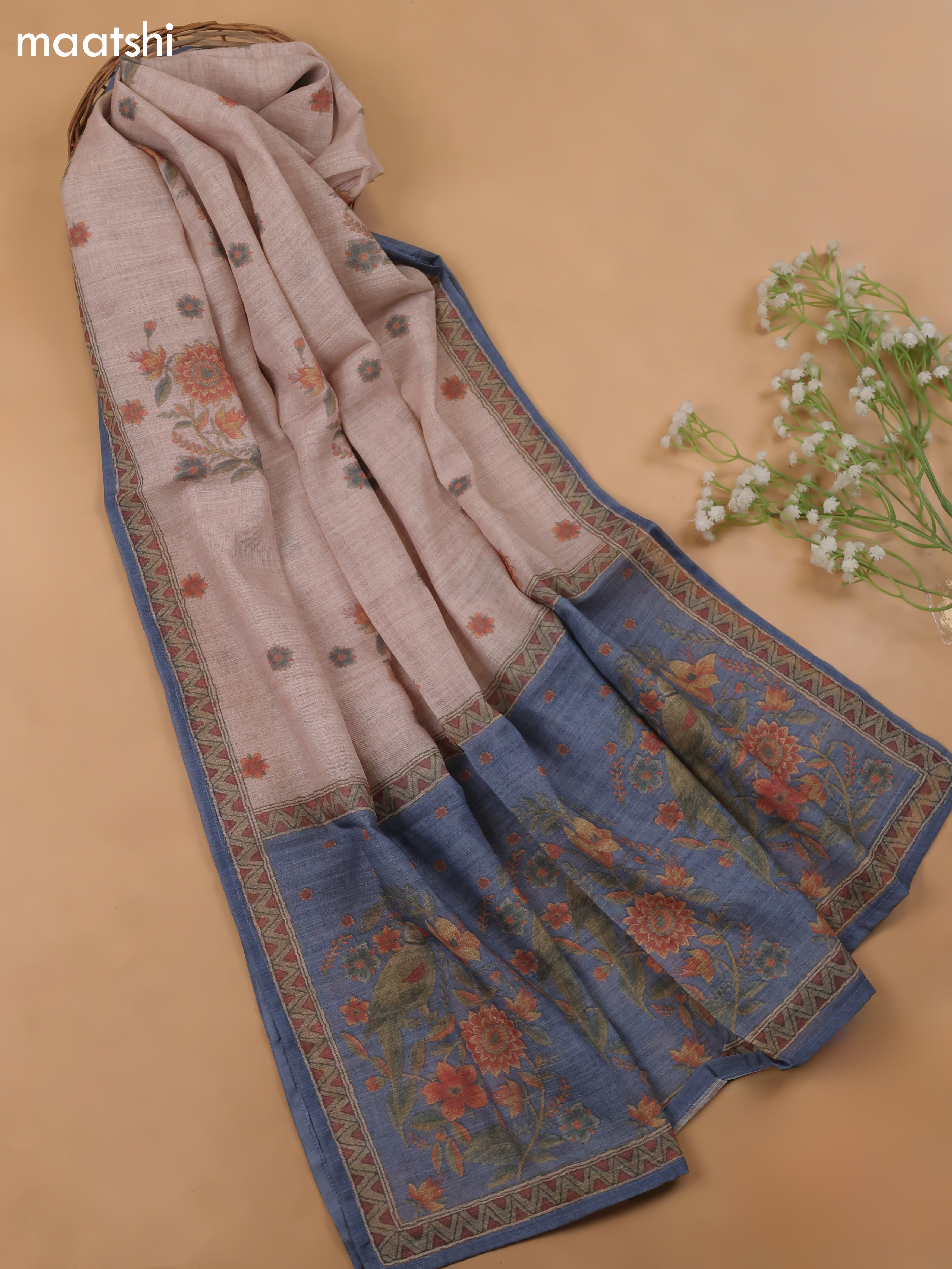 Grayish Blue Linen Cotton Dress Material With Pitta Work Neck Pattern and Bottom & Dupatta