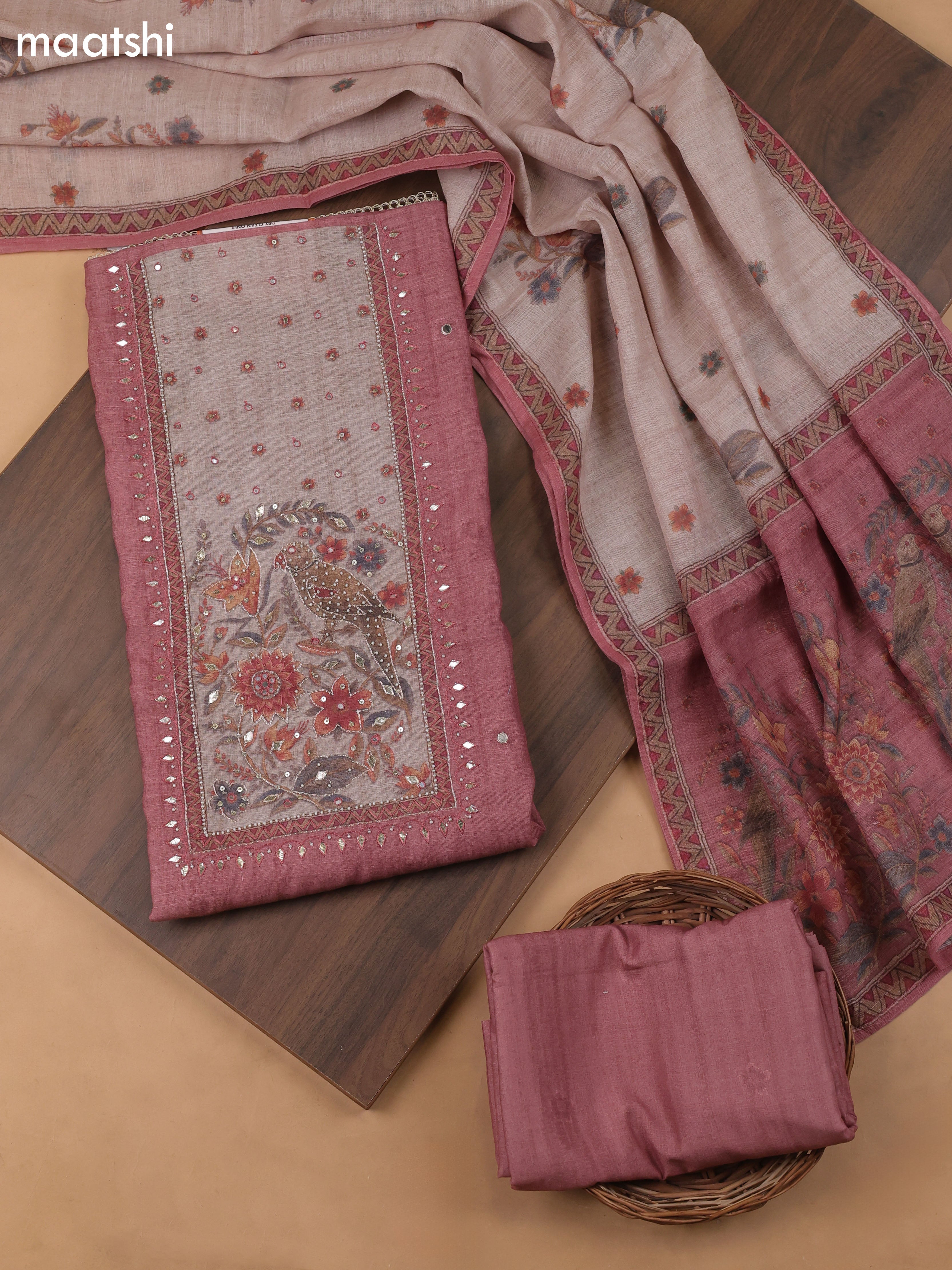 Dark Peach Linen Cotton Dress Material With Pitta Work Neck Pattern and Bottom & Dupatta