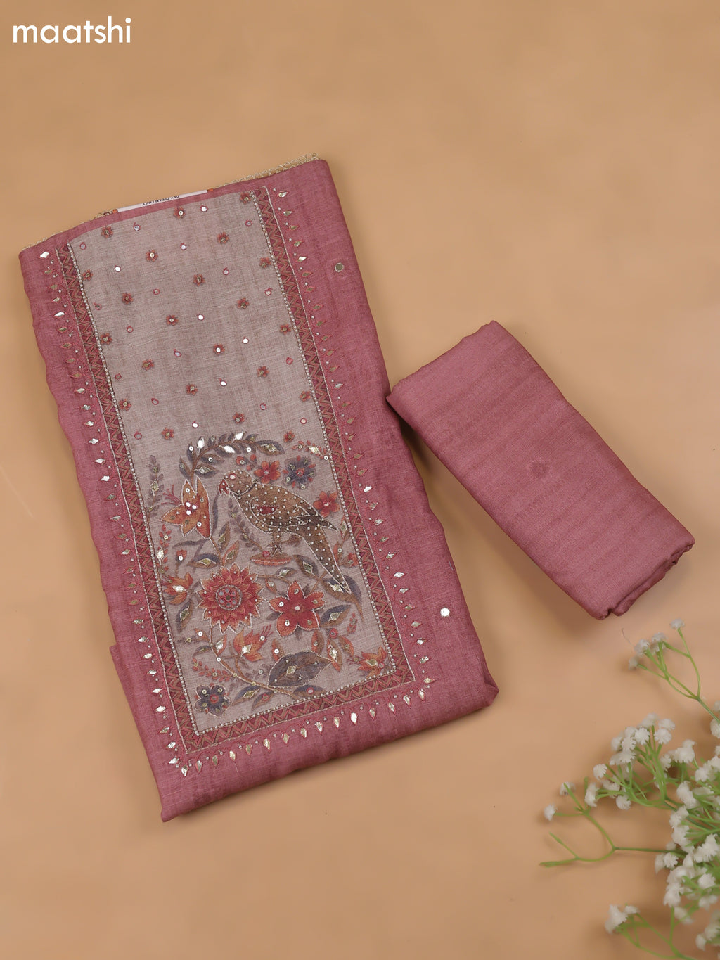Dark Peach Linen Cotton Dress Material With Pitta Work Neck Pattern and Bottom & Dupatta