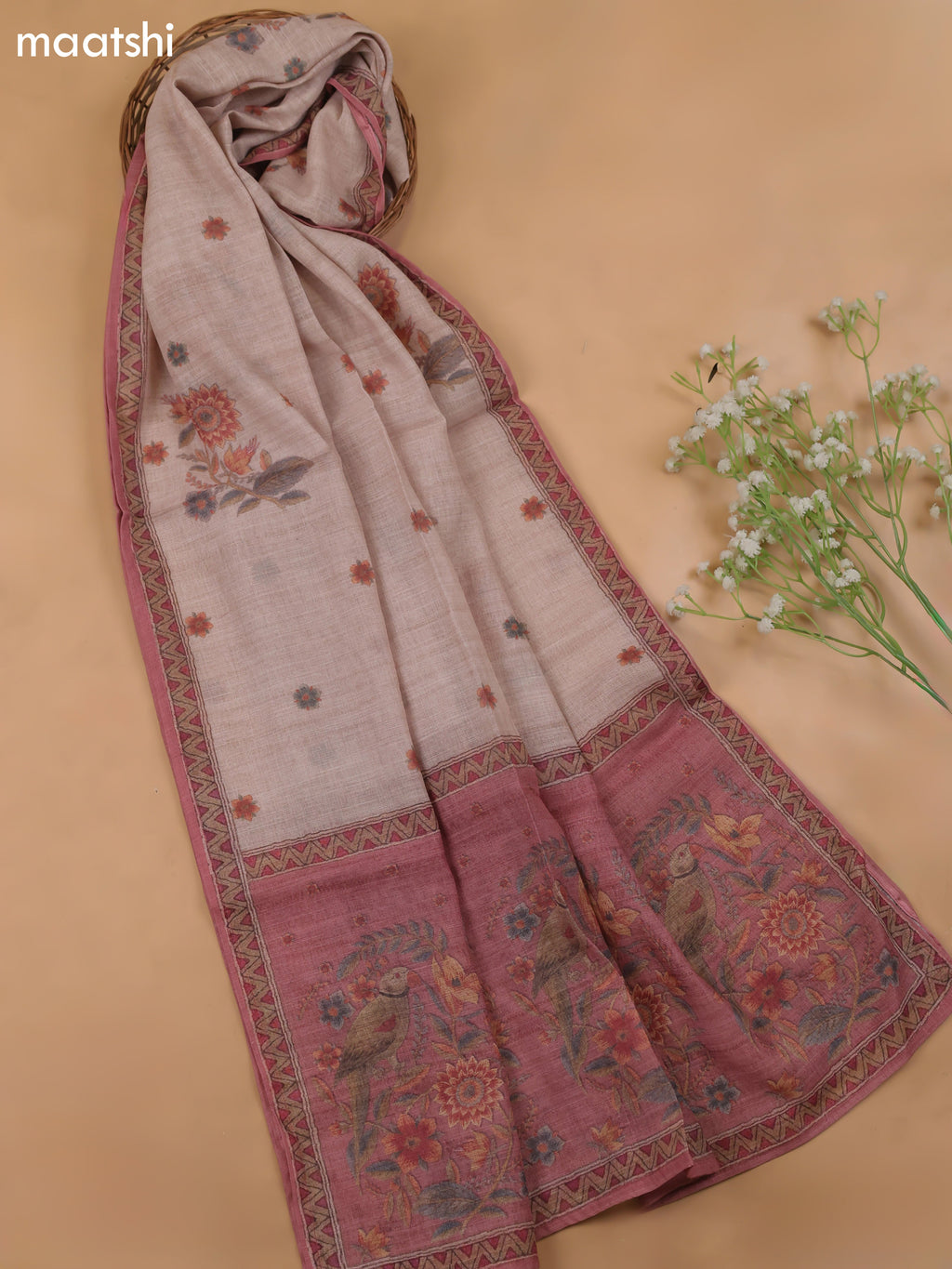 Dark Peach Linen Cotton Dress Material With Pitta Work Neck Pattern and Bottom & Dupatta