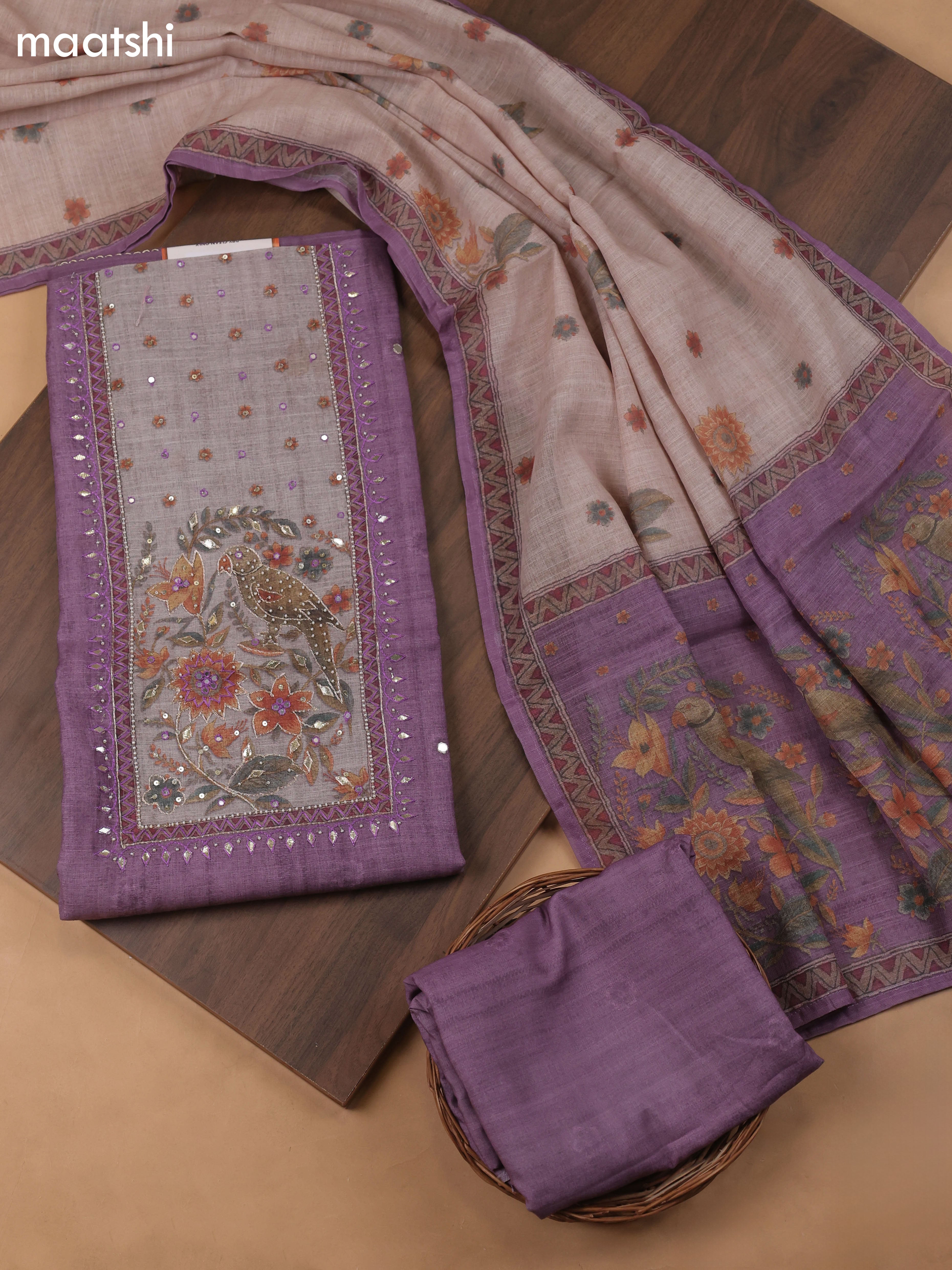 Lavender Linen Cotton Dress Material With Pitta Work Neck Pattern and Bottom & Dupatta