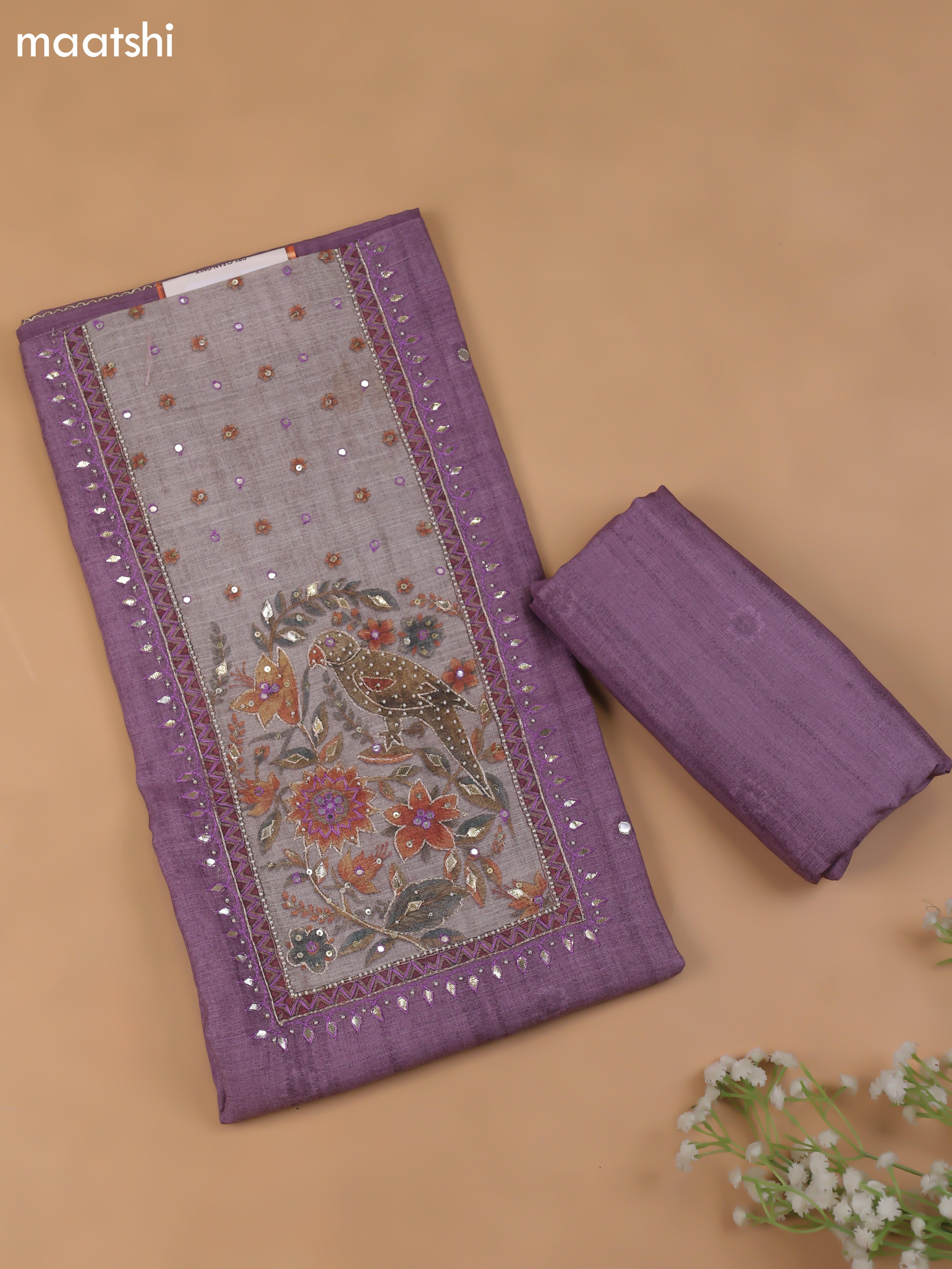 Lavender Linen Cotton Dress Material With Pitta Work Neck Pattern and Bottom & Dupatta