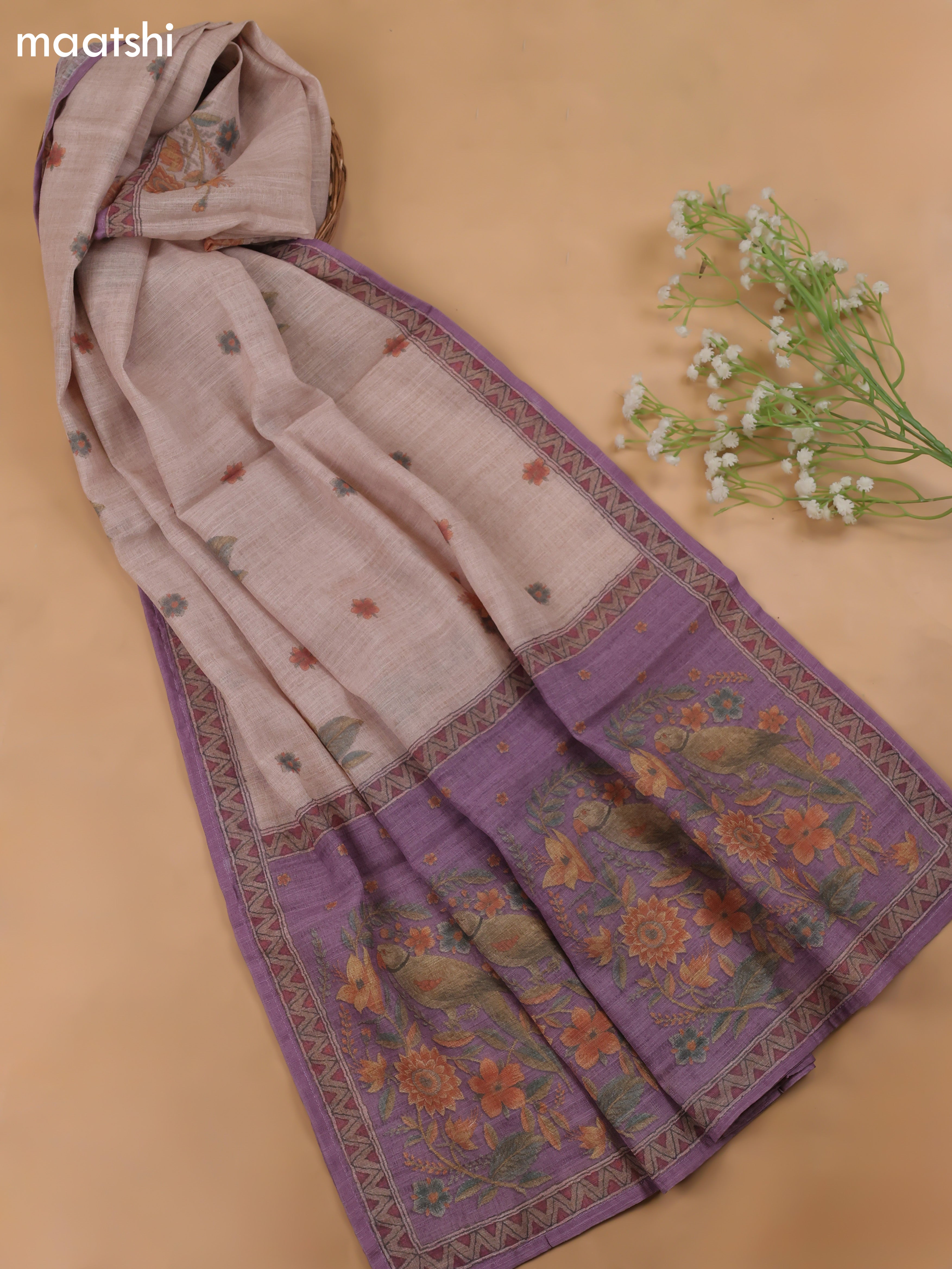 Lavender Linen Cotton Dress Material With Pitta Work Neck Pattern and Bottom & Dupatta