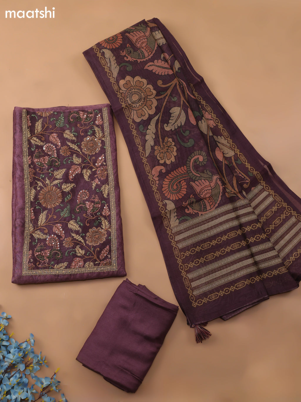 Purple Chanderi Dress Material With Allover Kalamkari Prints & Embroidery Work and Bottom & Dupatta