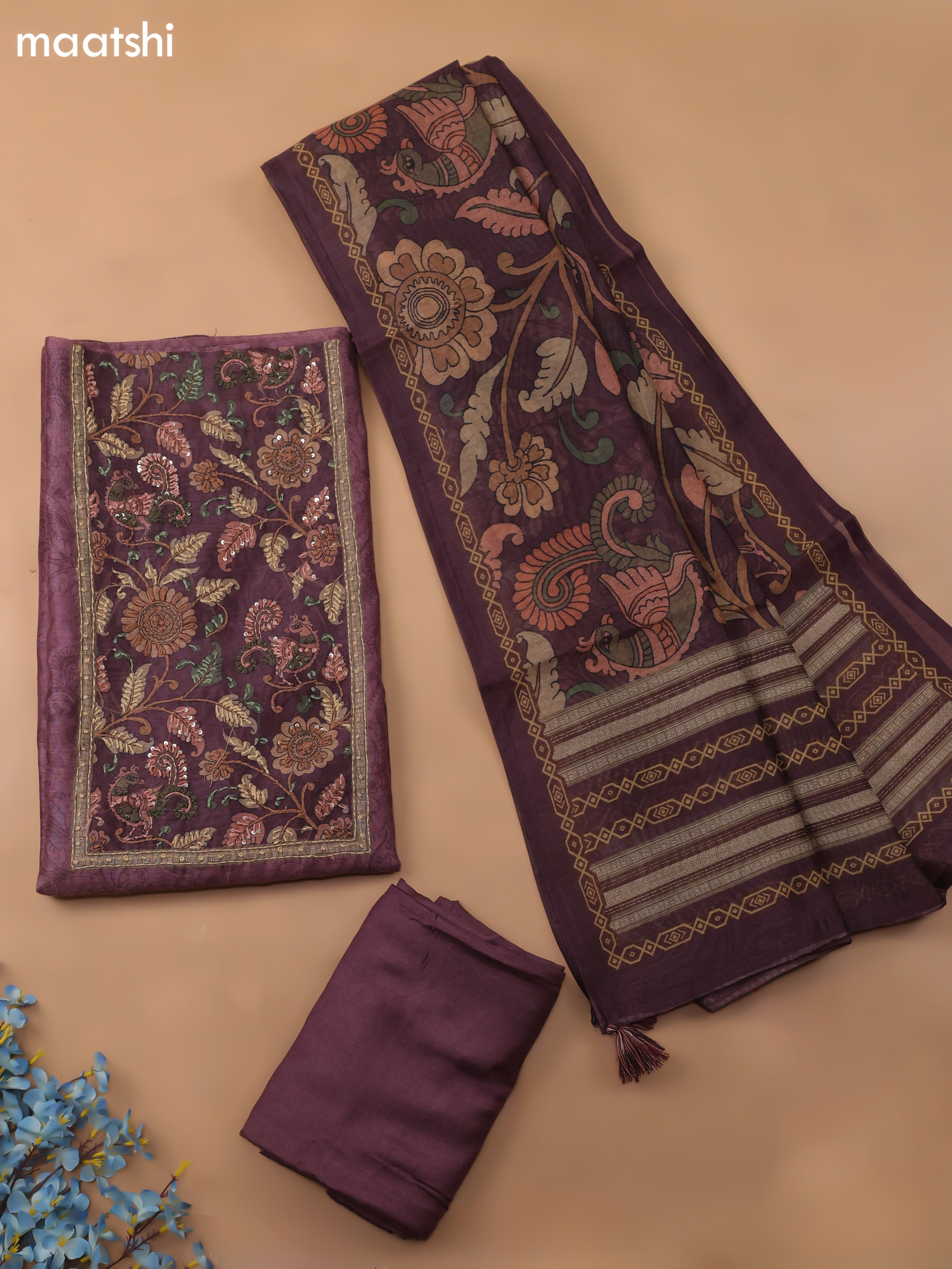 Purple Chanderi Dress Material With Allover Kalamkari Prints & Embroidery Work and Bottom & Dupatta