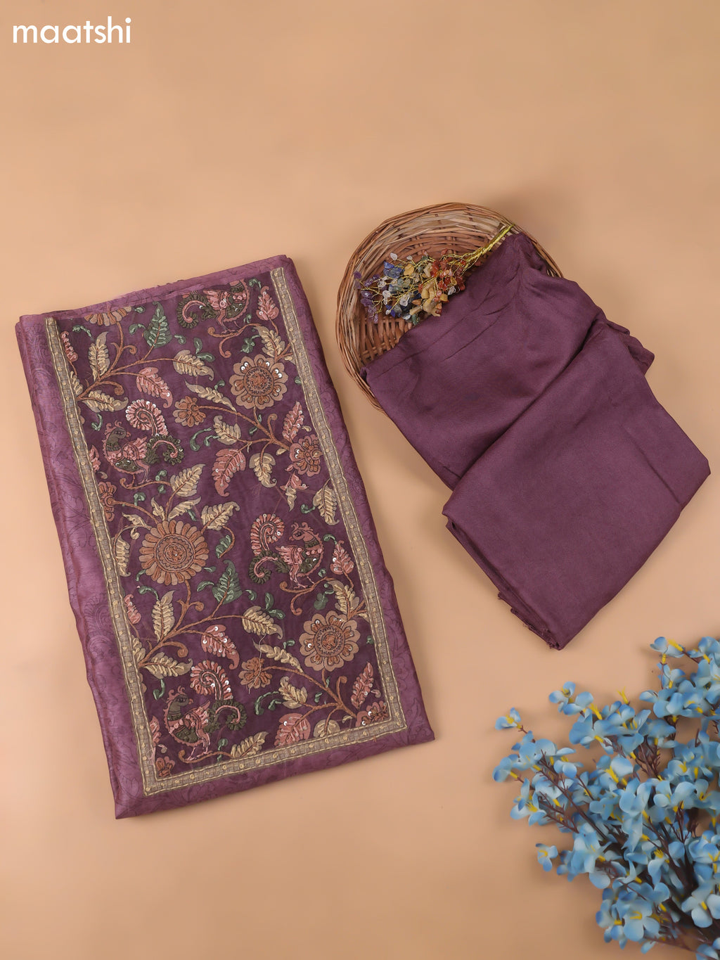 Purple Chanderi Dress Material With Allover Kalamkari Prints & Embroidery Work and Bottom & Dupatta