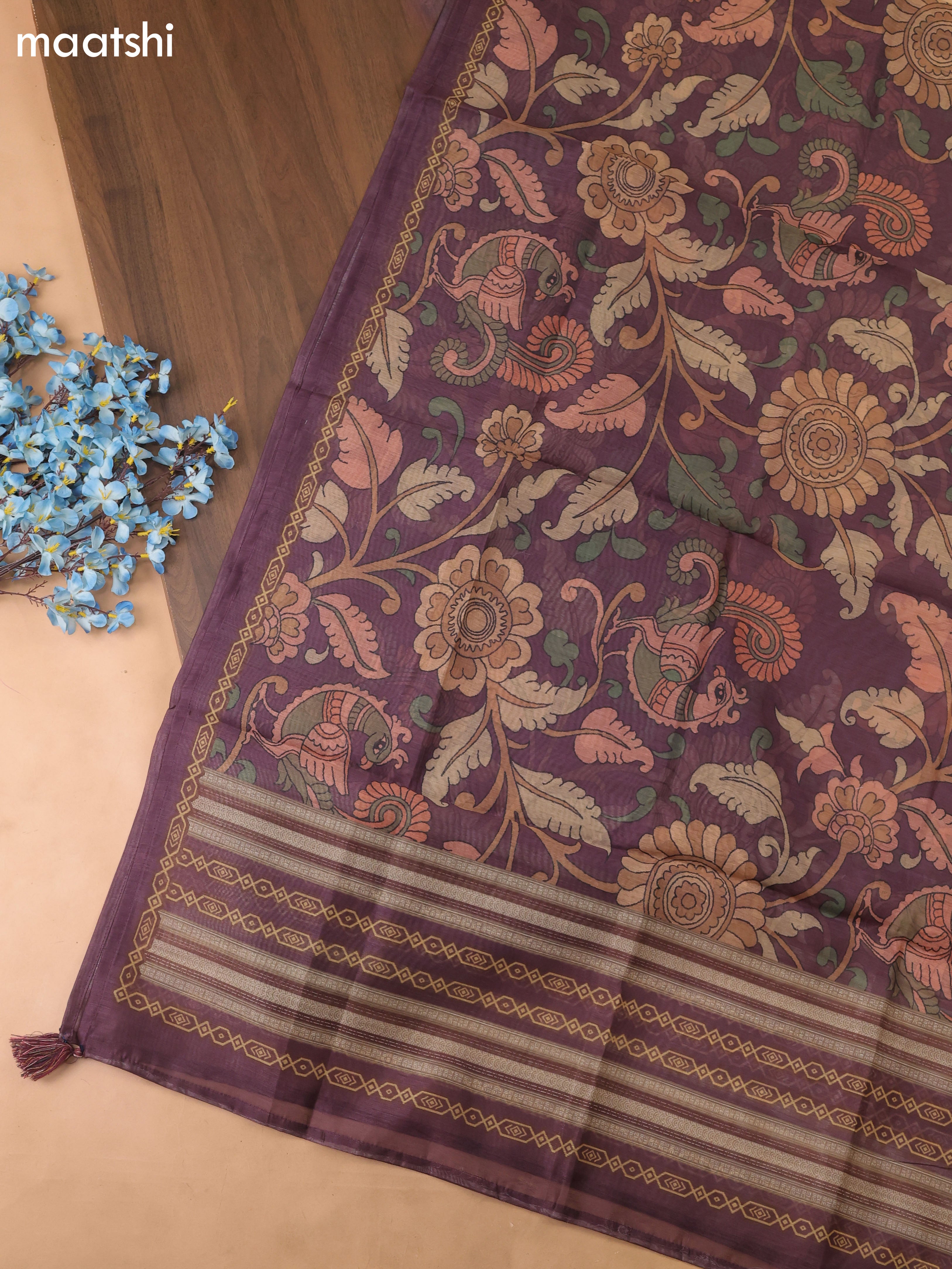 Purple Chanderi Dress Material With Allover Kalamkari Prints & Embroidery Work and Bottom & Dupatta