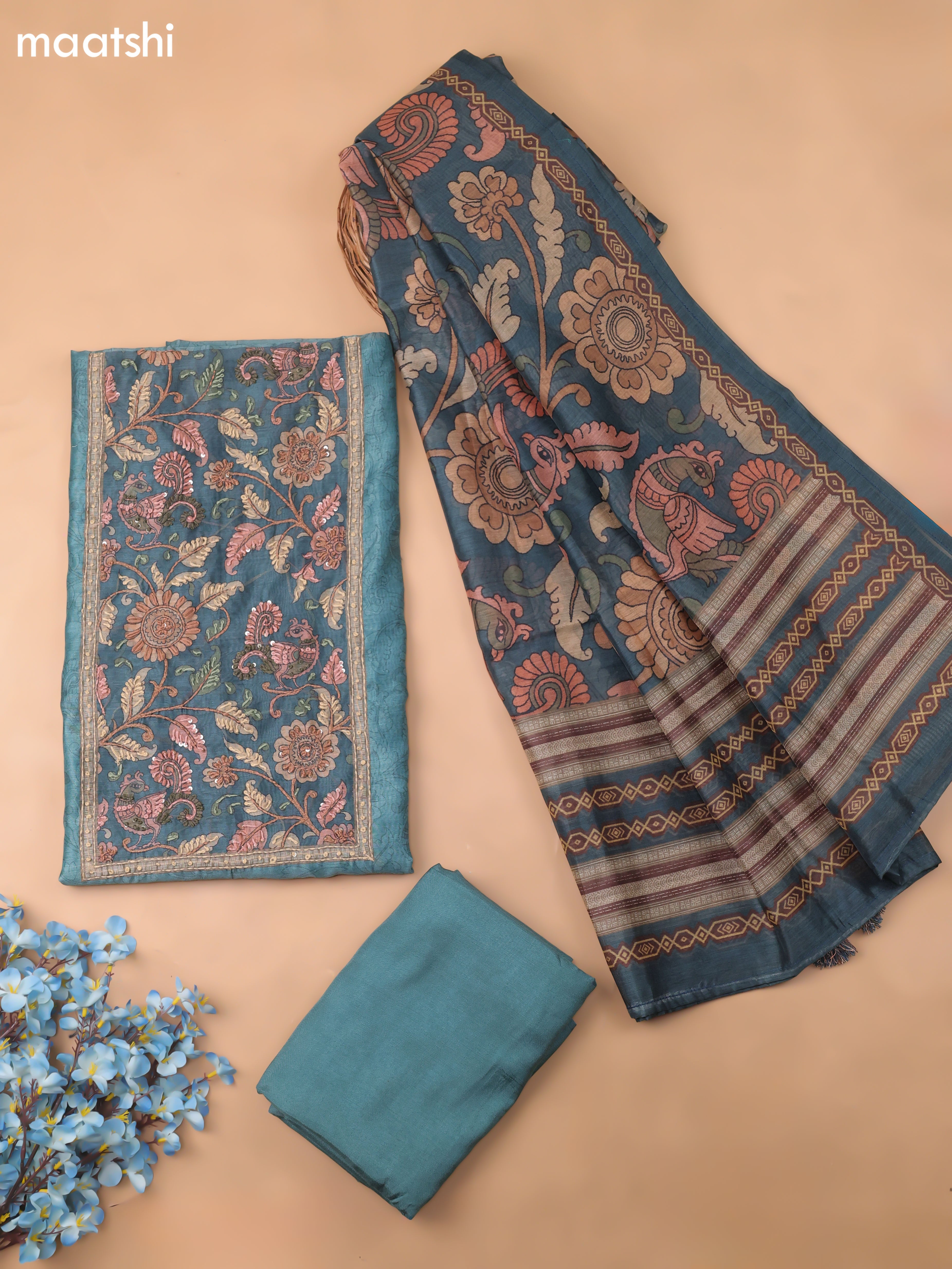 Blue Chanderi Dress Material With Allover Kalamkari Prints & Embroidery Work and Bottom & Dupatta