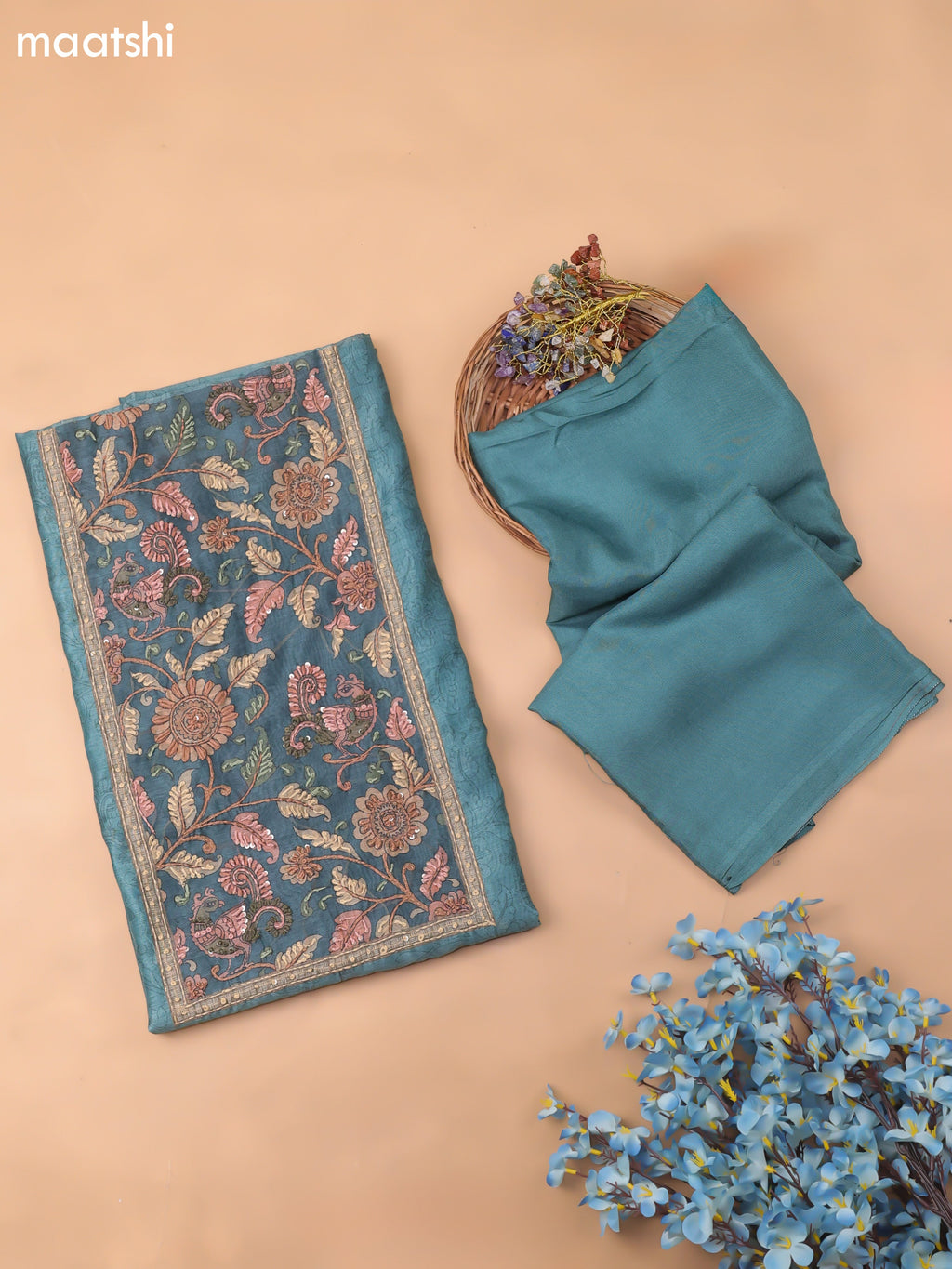 Blue Chanderi Dress Material With Allover Kalamkari Prints & Embroidery Work and Bottom & Dupatta