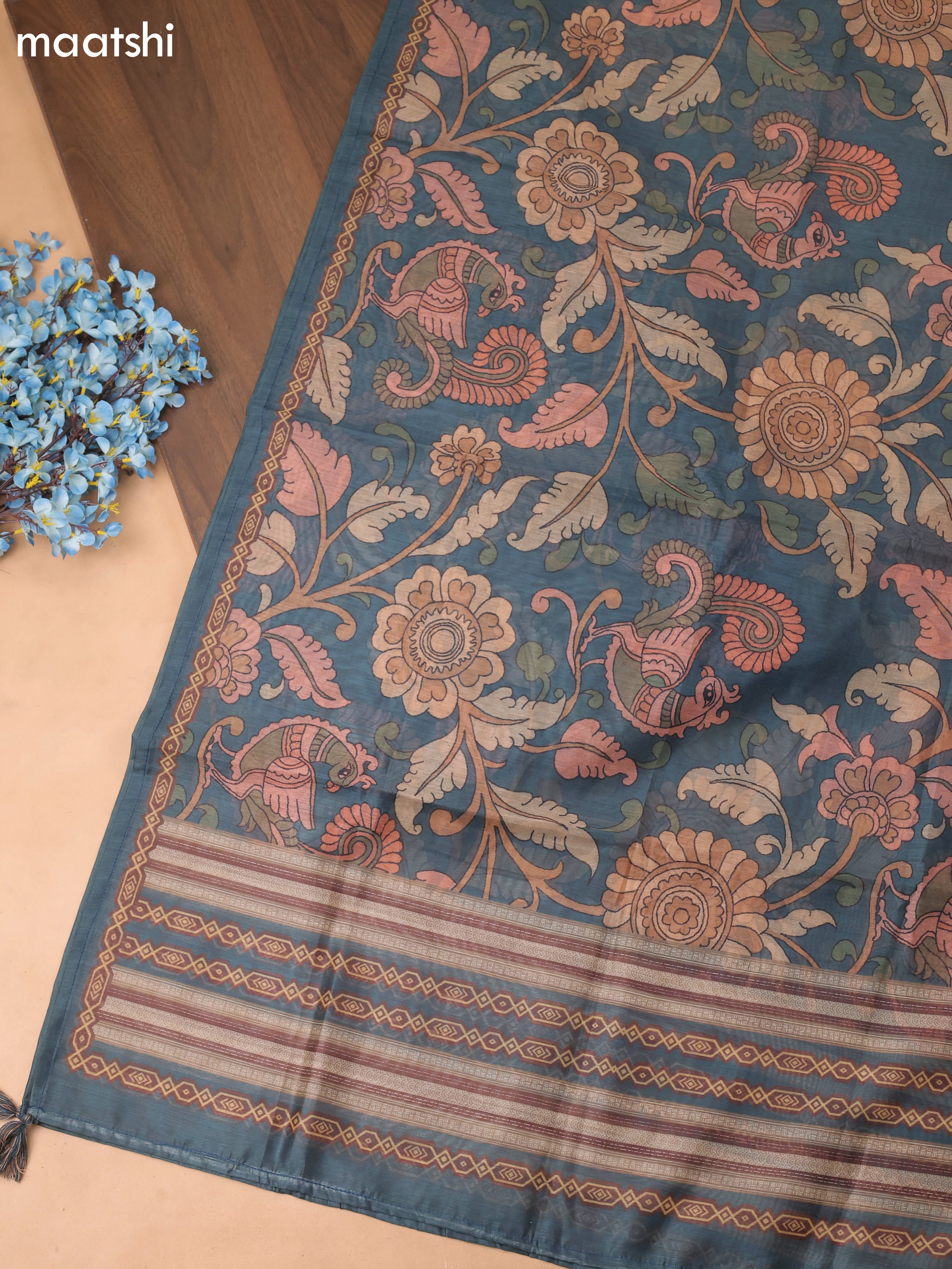 Blue Chanderi Dress Material With Allover Kalamkari Prints & Embroidery Work and Bottom & Dupatta