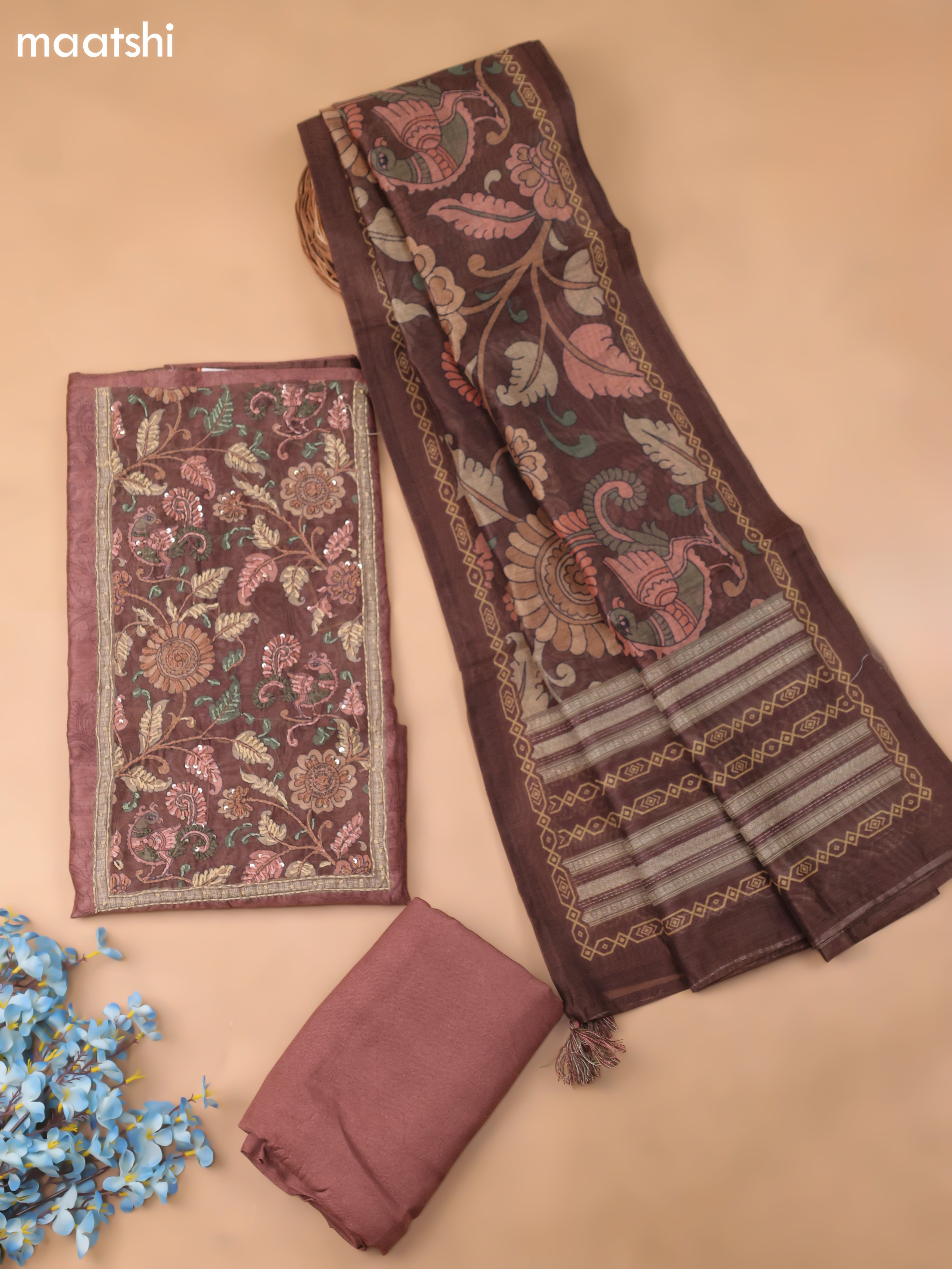 Brown Chanderi Dress Material With Allover Kalamkari Prints & Embroidery Work and Bottom & Dupatta