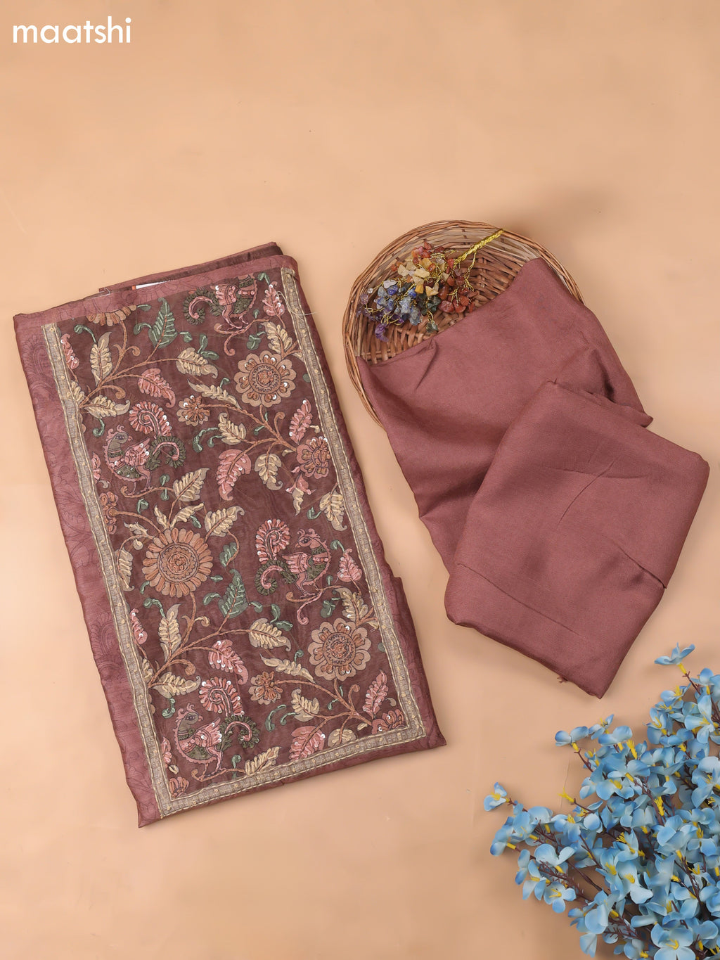 Brown Chanderi Dress Material With Allover Kalamkari Prints & Embroidery Work and Bottom & Dupatta