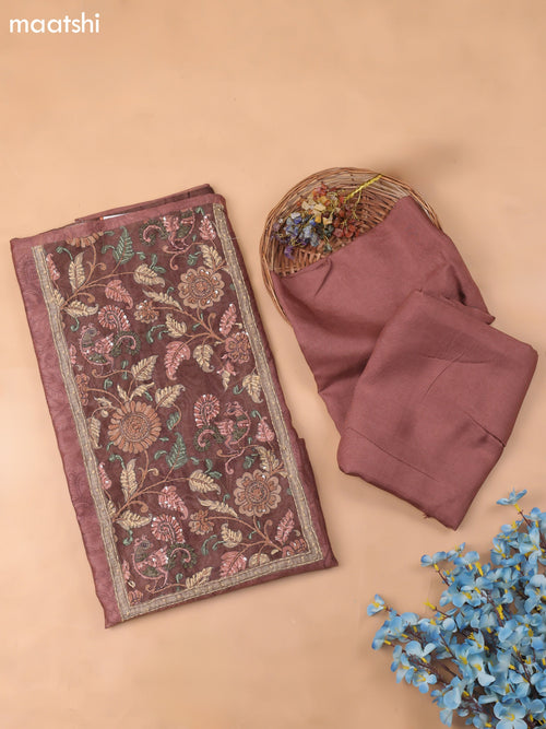 Brown Chanderi Dress Material With Allover Kalamkari Prints & Embroidery Work and Bottom & Dupatta