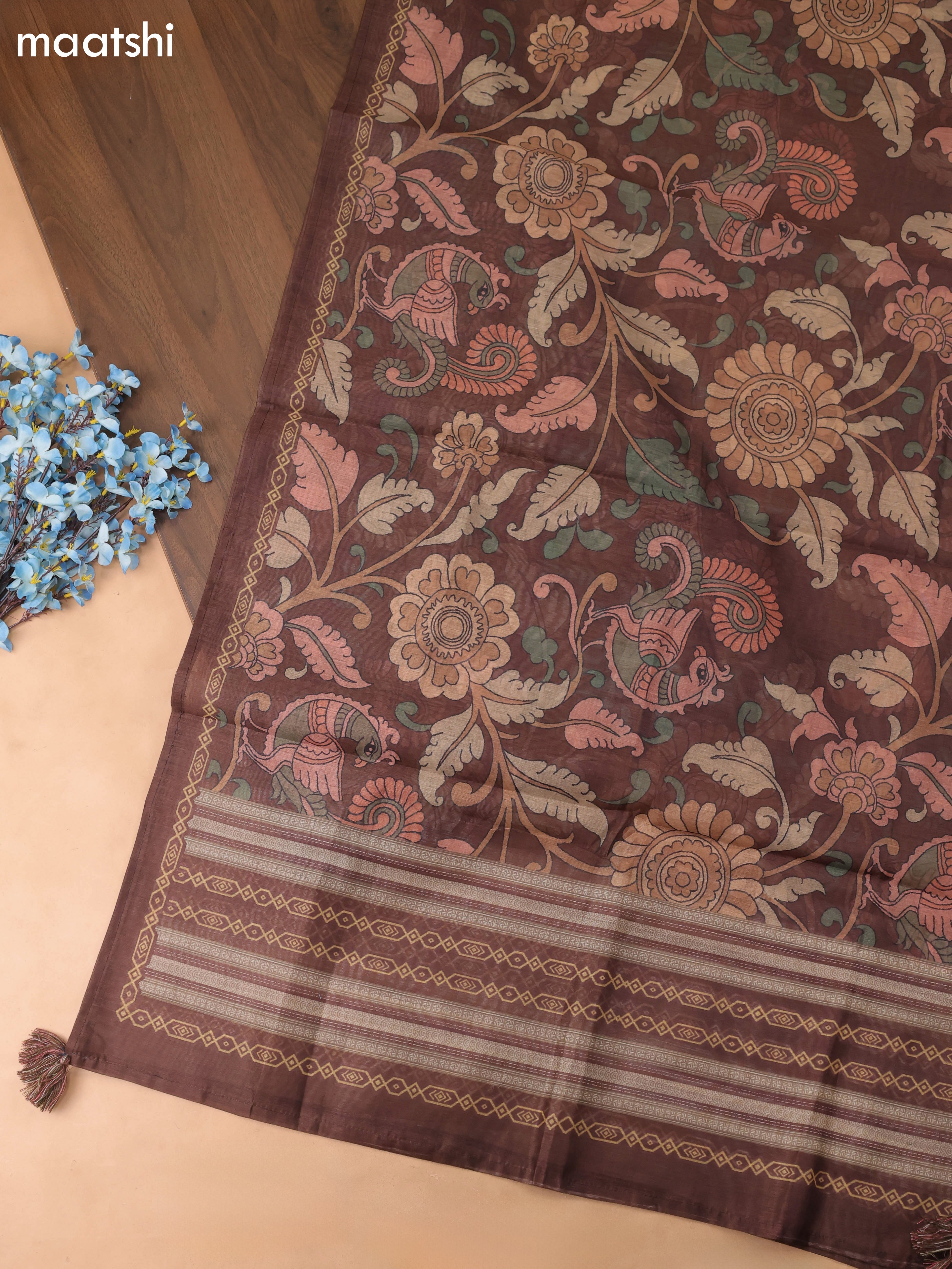 Brown Chanderi Dress Material With Allover Kalamkari Prints & Embroidery Work and Bottom & Dupatta