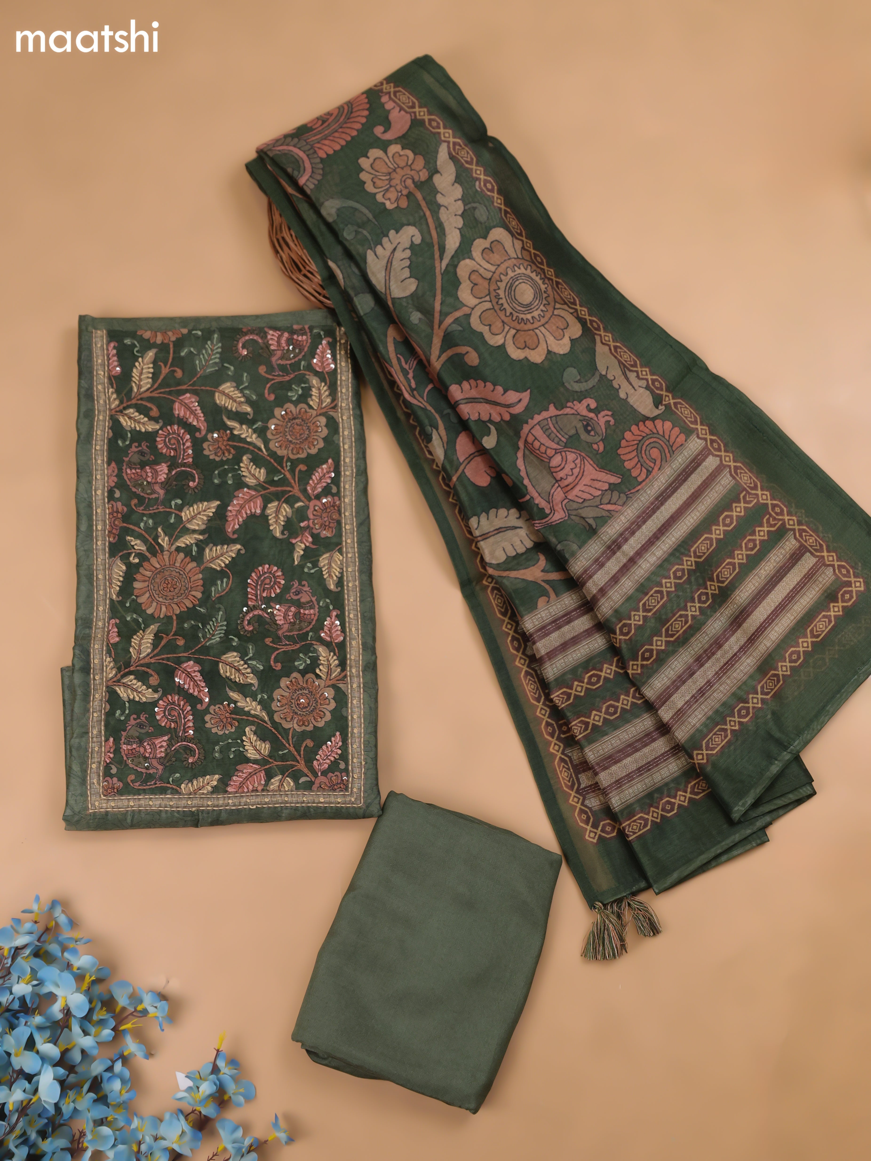 Green Chanderi Dress Material With Allover Kalamkari Prints & Embroidery Work and Bottom & Dupatta