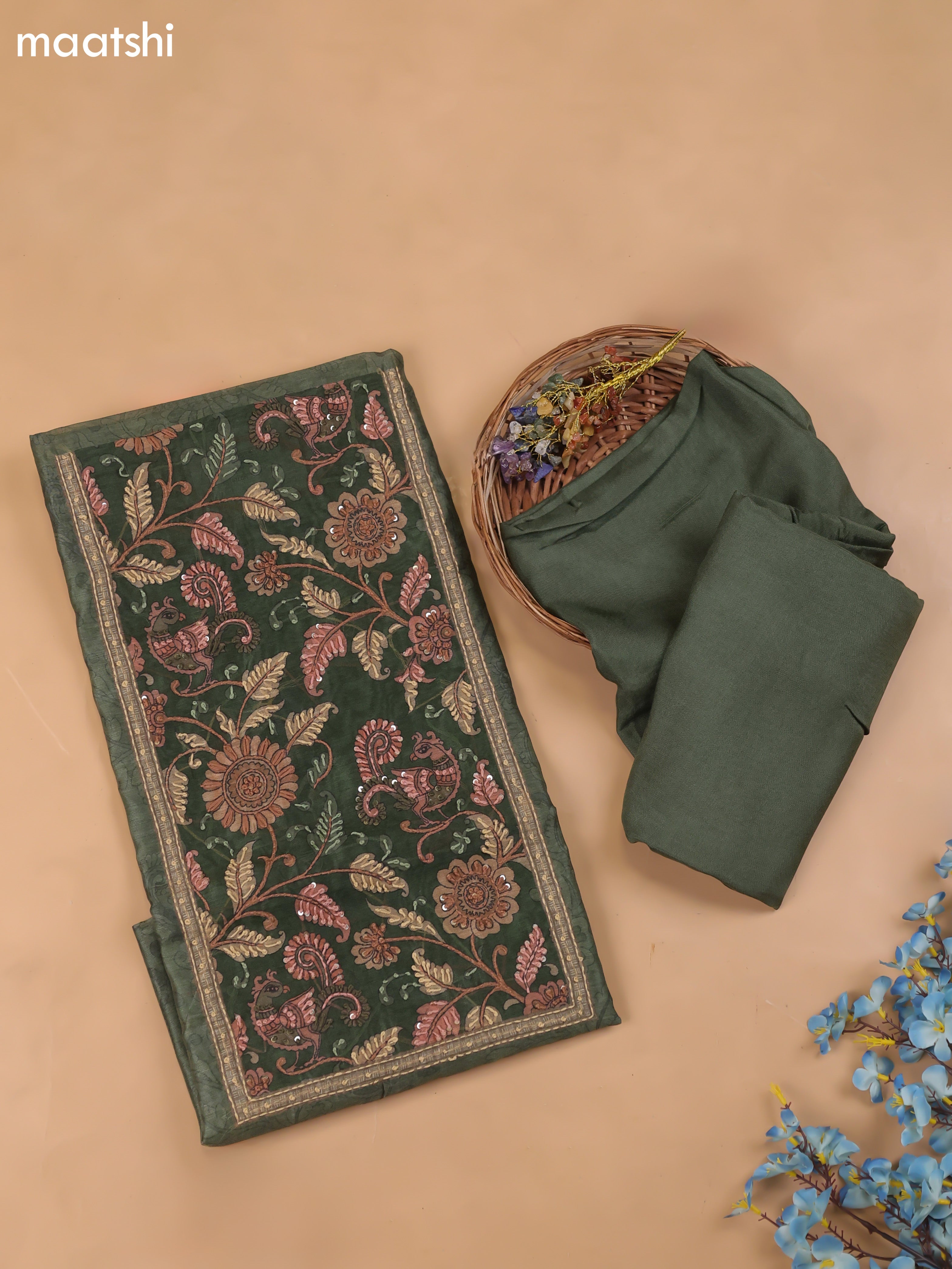 Green Chanderi Dress Material With Allover Kalamkari Prints & Embroidery Work and Bottom & Dupatta