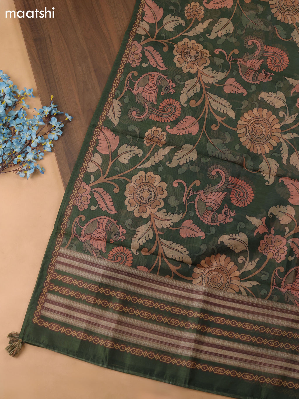 Green Chanderi Dress Material With Allover Kalamkari Prints & Embroidery Work and Bottom & Dupatta