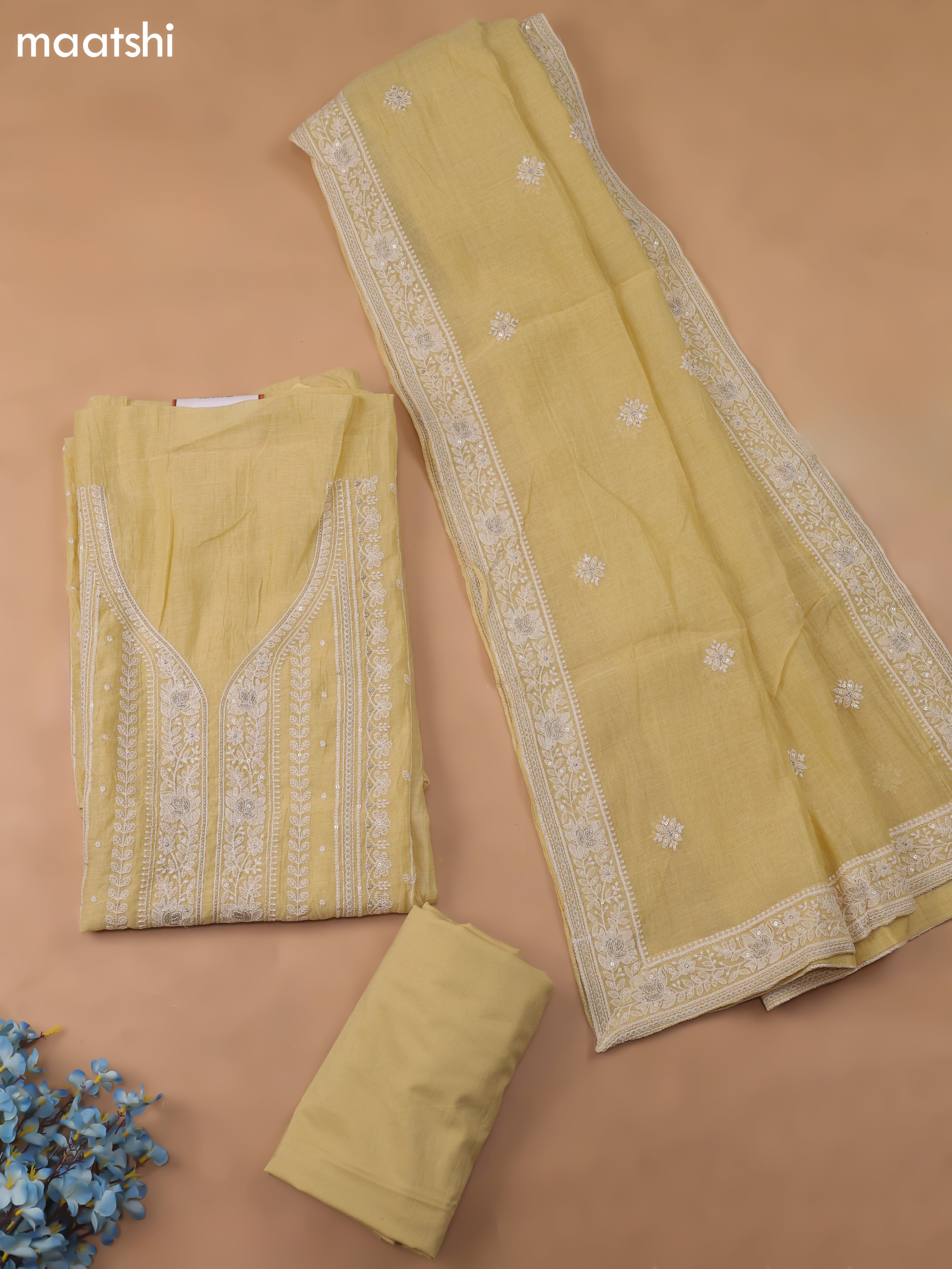 Yellow Chanderi Dress Material With Embroidery Work Neck Pattern and Bottom & Dupatta