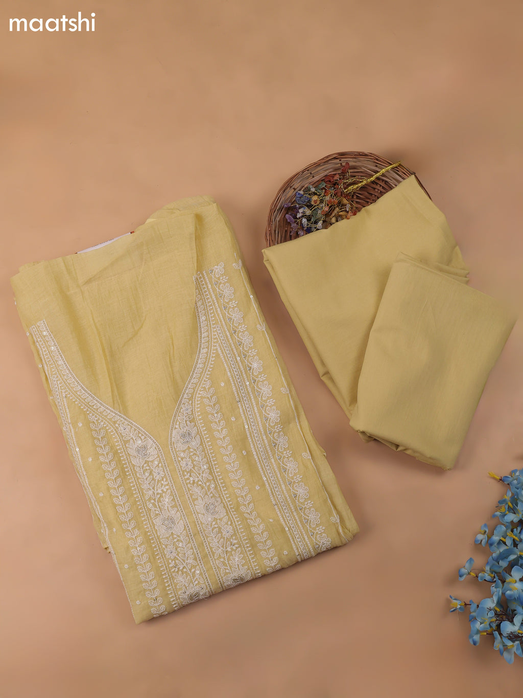 Yellow Chanderi Dress Material With Embroidery Work Neck Pattern and Bottom & Dupatta
