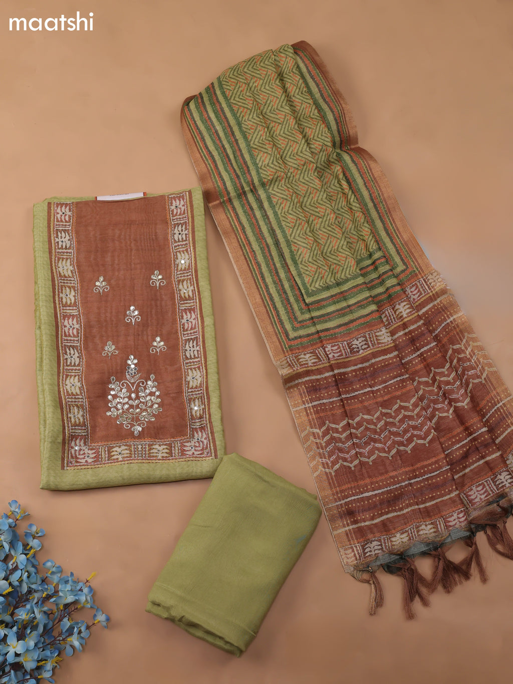Green Chanderi Dress Material With Pitta Work Neck Pattern and Bottom & Dupatta