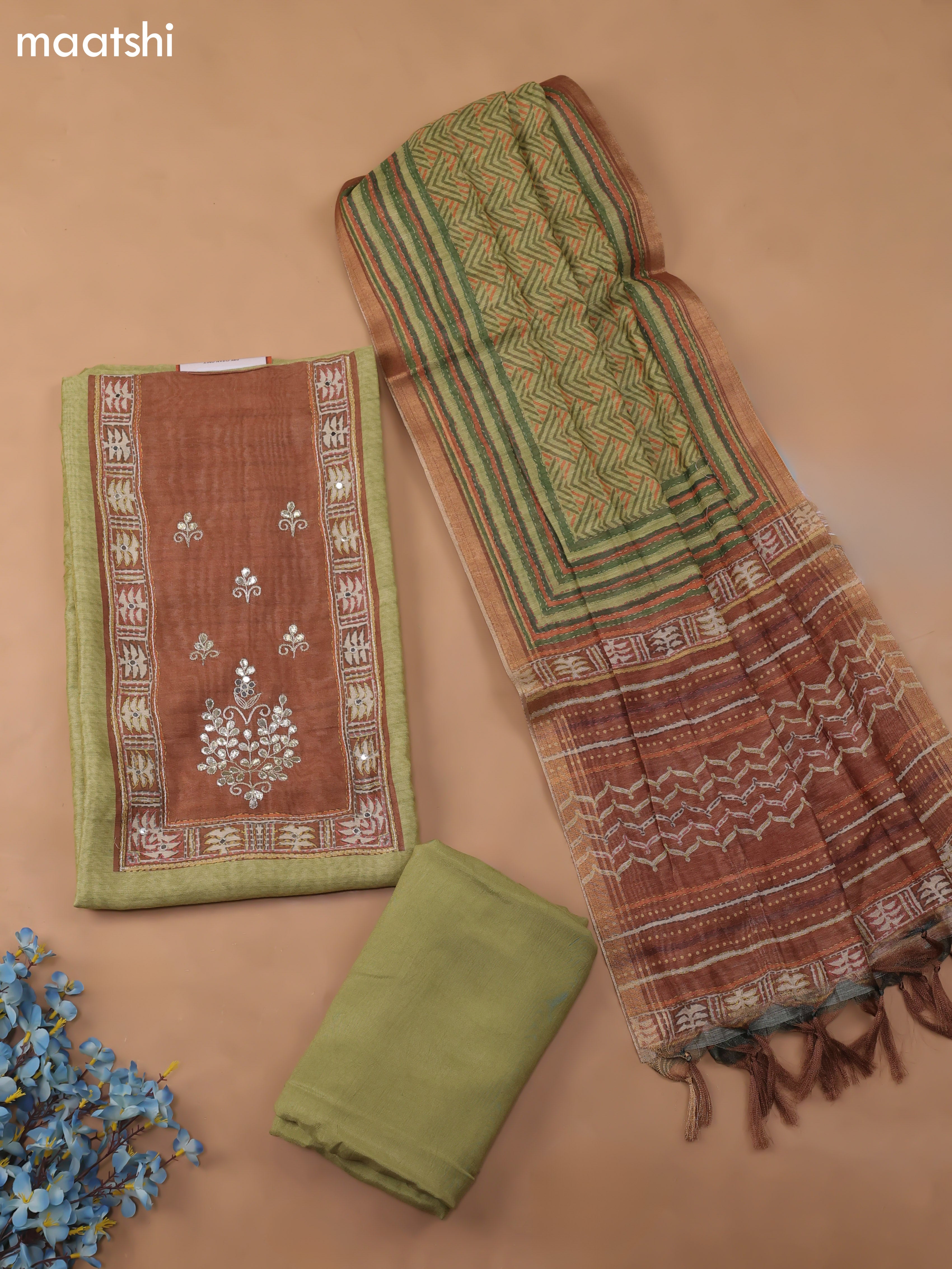 Green Chanderi Dress Material With Pitta Work Neck Pattern and Bottom & Dupatta