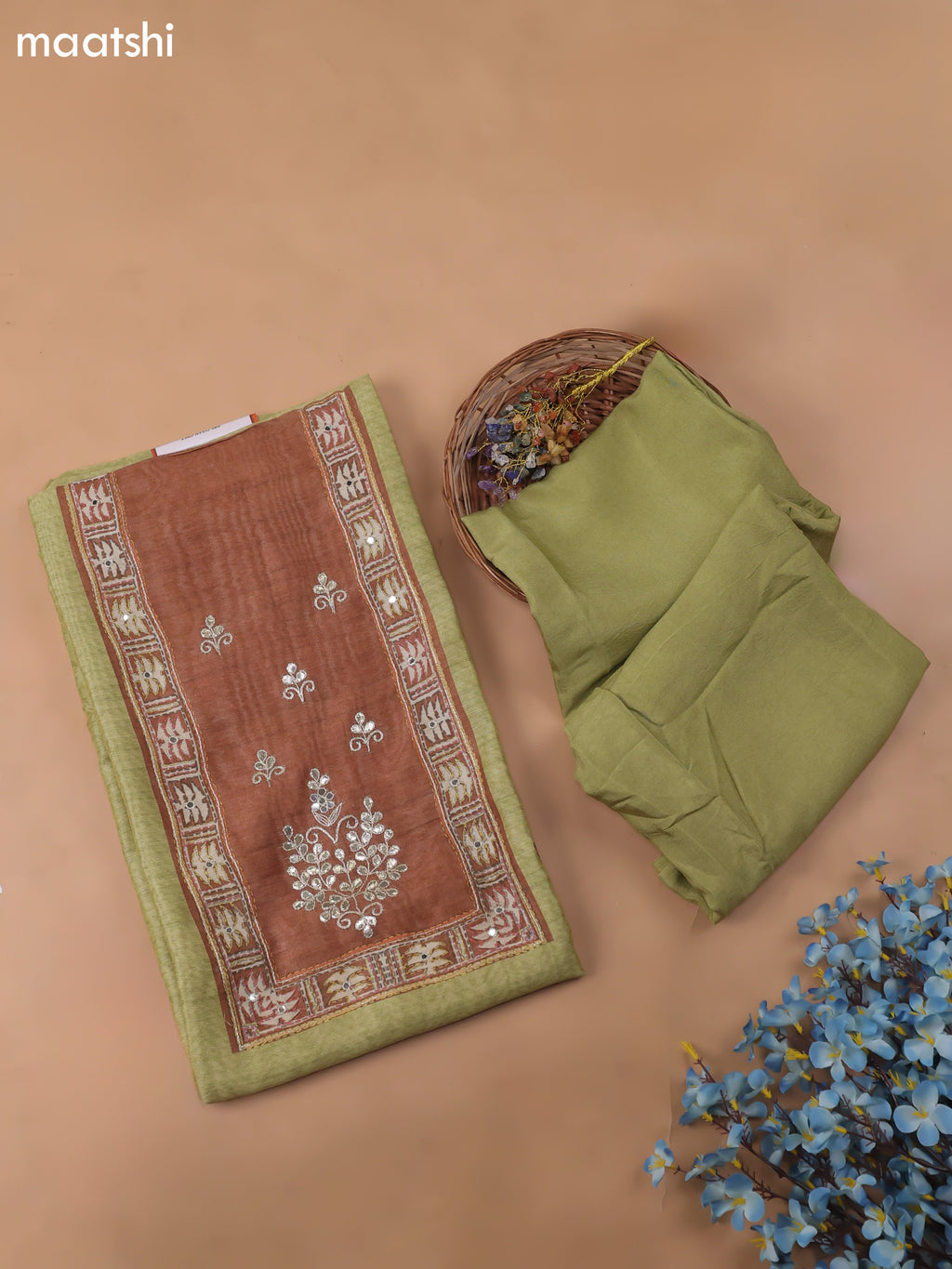 Green Chanderi Dress Material With Pitta Work Neck Pattern and Bottom & Dupatta
