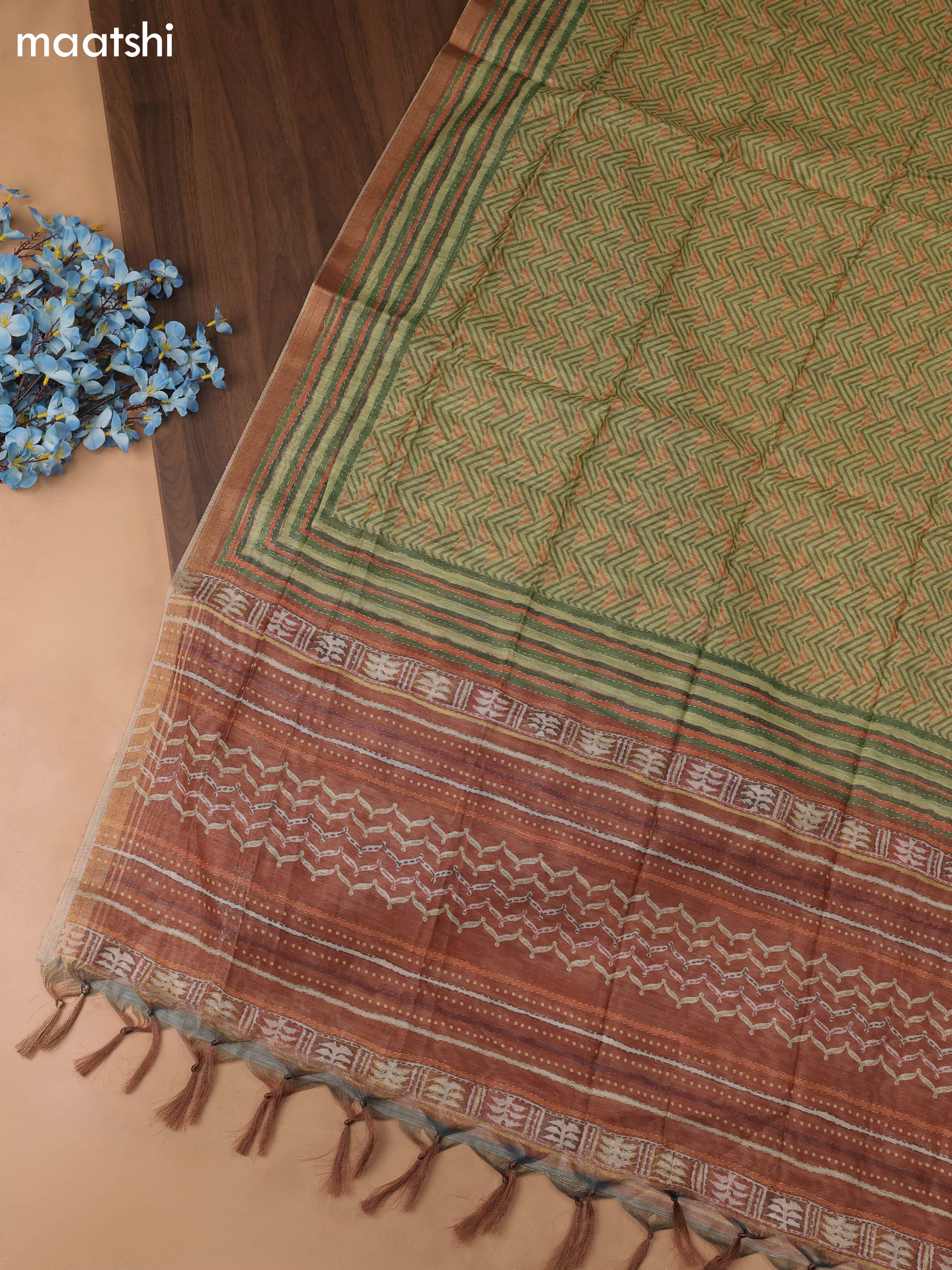 Green Chanderi Dress Material With Pitta Work Neck Pattern and Bottom & Dupatta
