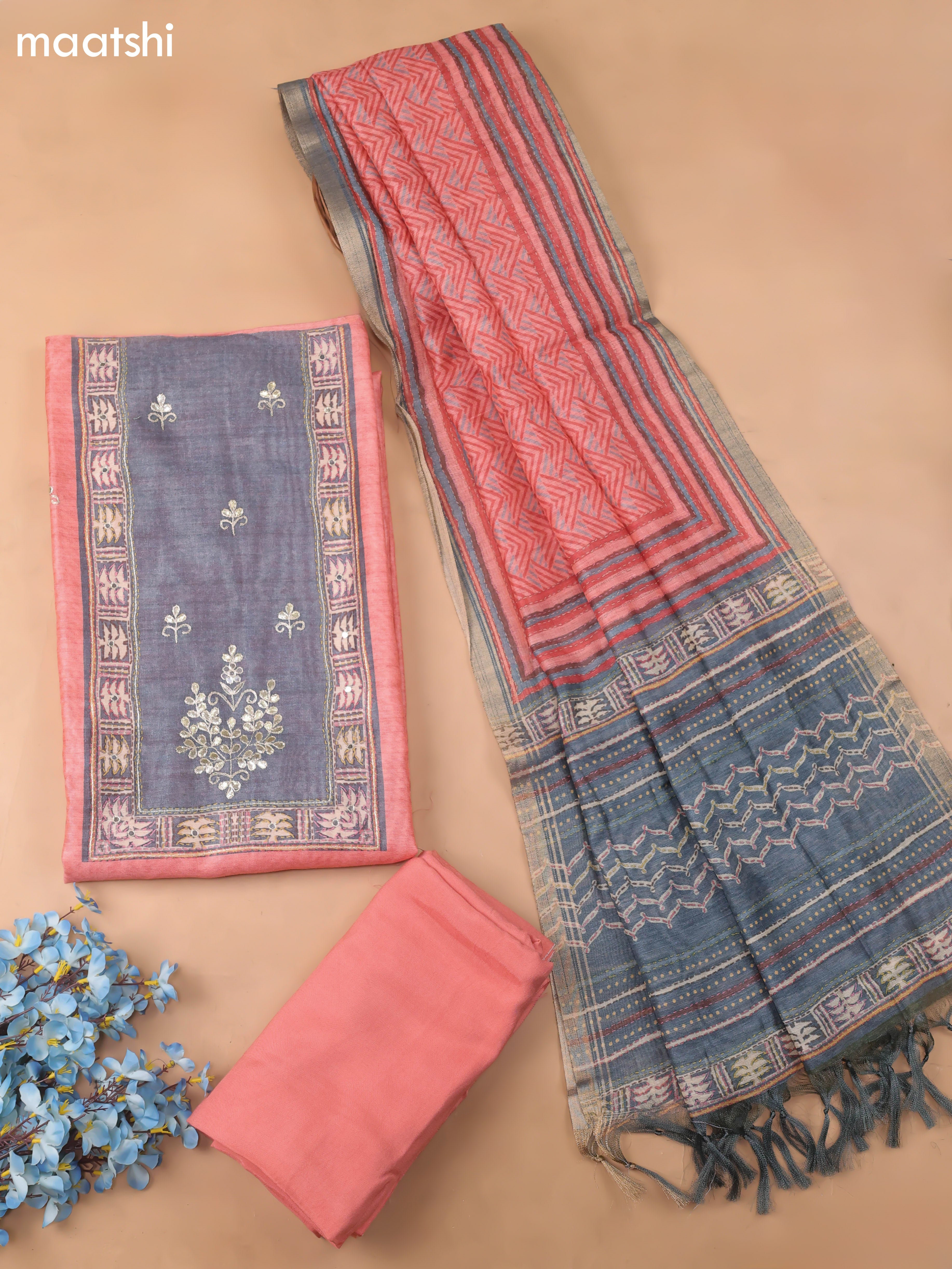 Peach Chanderi Dress Material With Pitta Work Neck Pattern and Bottom & Dupatta