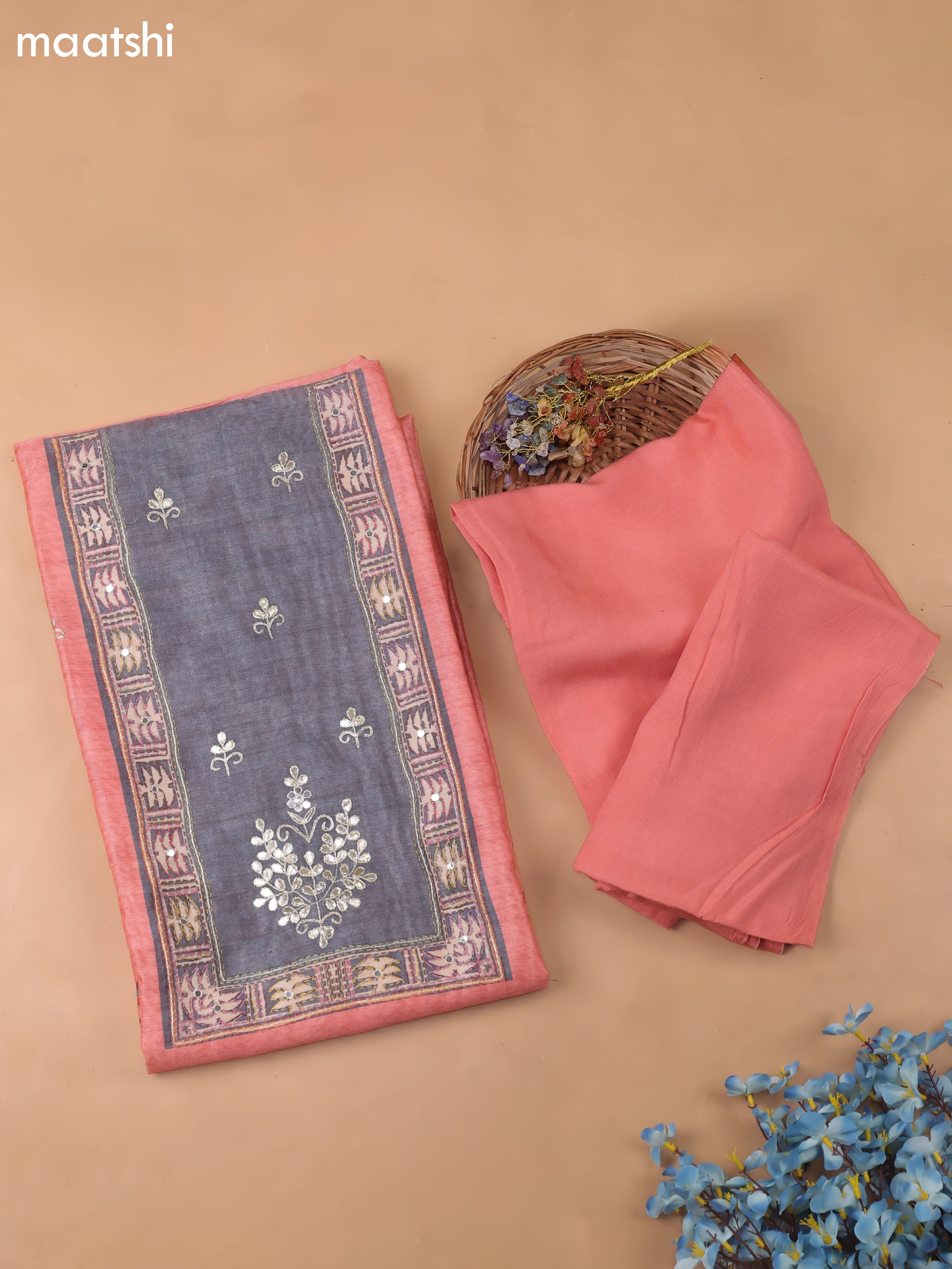 Peach Chanderi Dress Material With Pitta Work Neck Pattern and Bottom & Dupatta