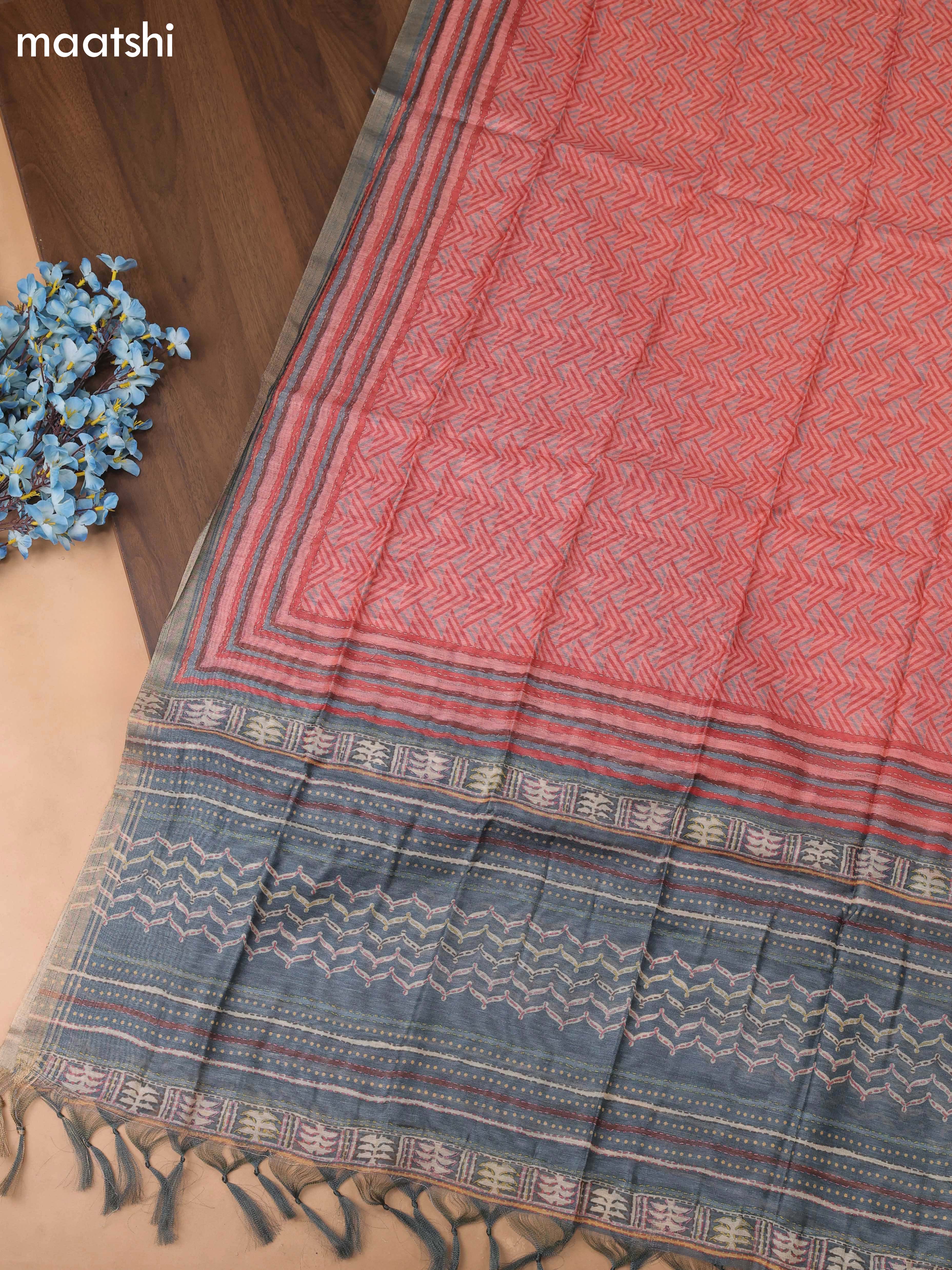 Peach Chanderi Dress Material With Pitta Work Neck Pattern and Bottom & Dupatta