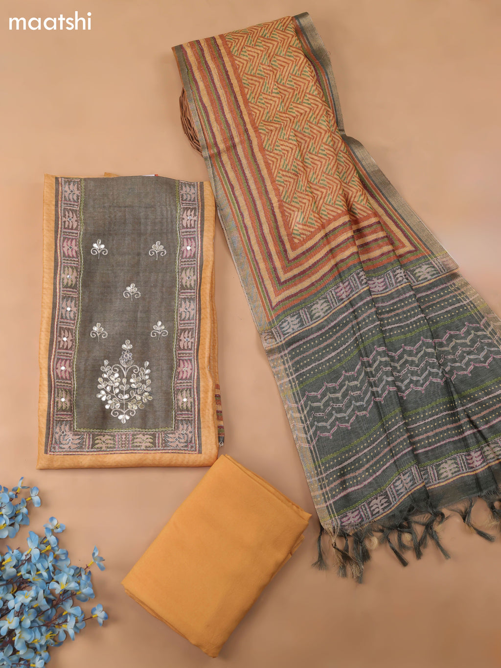 Mango Yellow Chanderi Dress Material With Pitta Work Neck Pattern and Bottom & Dupatta