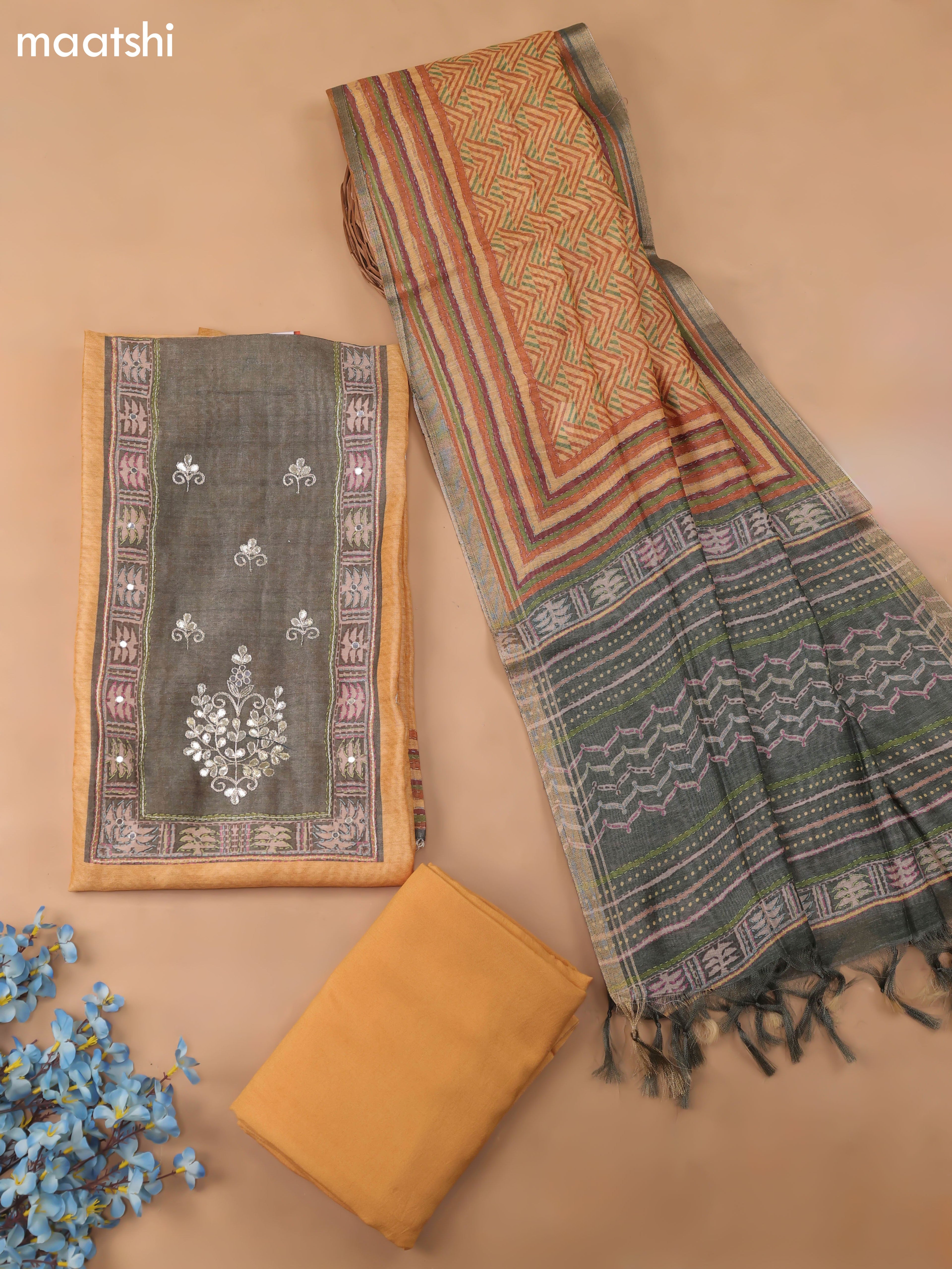 Mango Yellow Chanderi Dress Material With Pitta Work Neck Pattern and Bottom & Dupatta