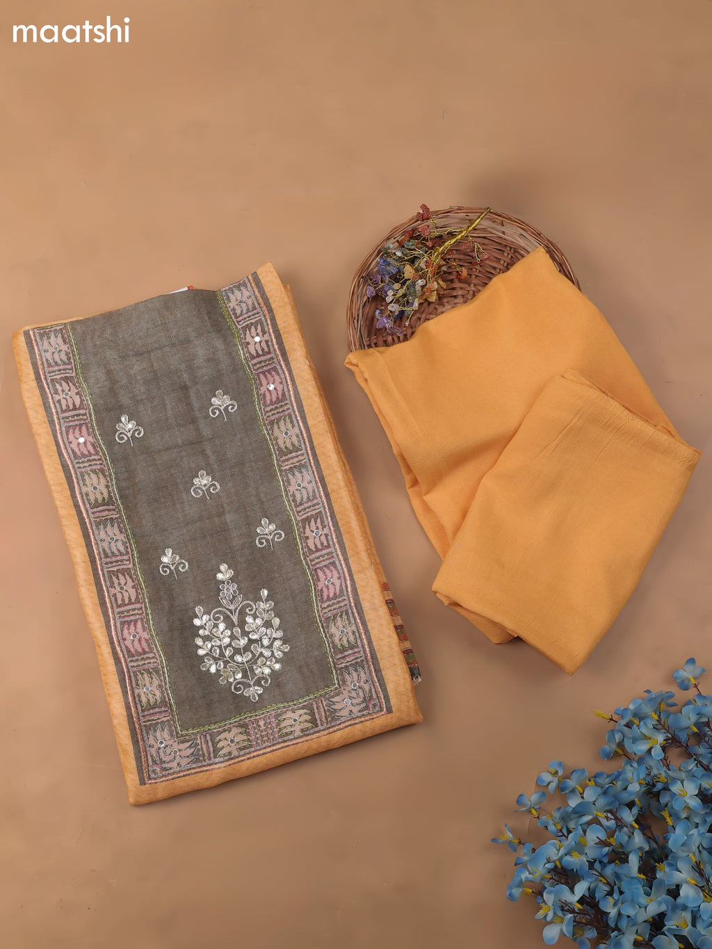 Mango Yellow Chanderi Dress Material With Pitta Work Neck Pattern and Bottom & Dupatta
