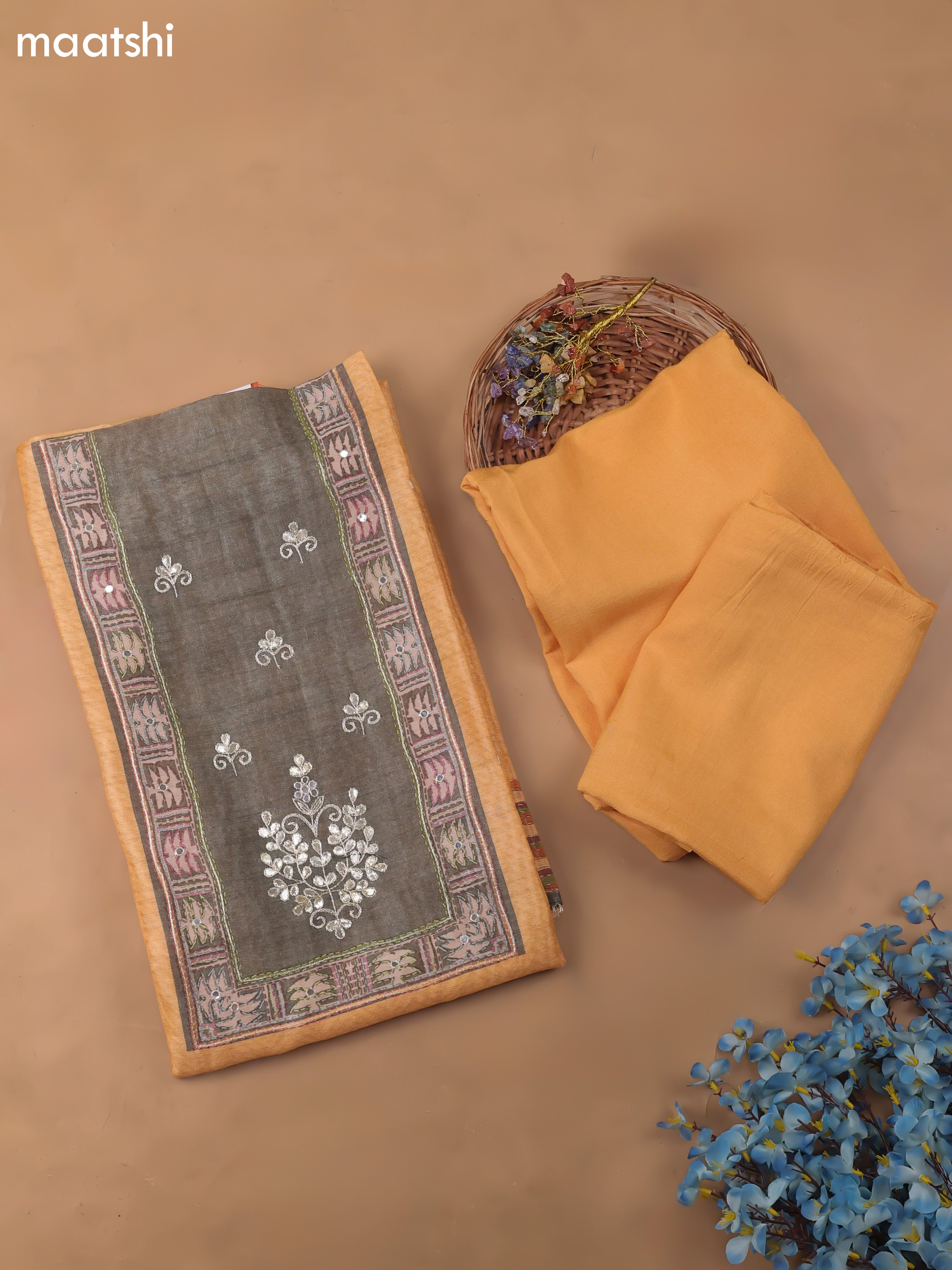 Mango Yellow Chanderi Dress Material With Pitta Work Neck Pattern and Bottom & Dupatta